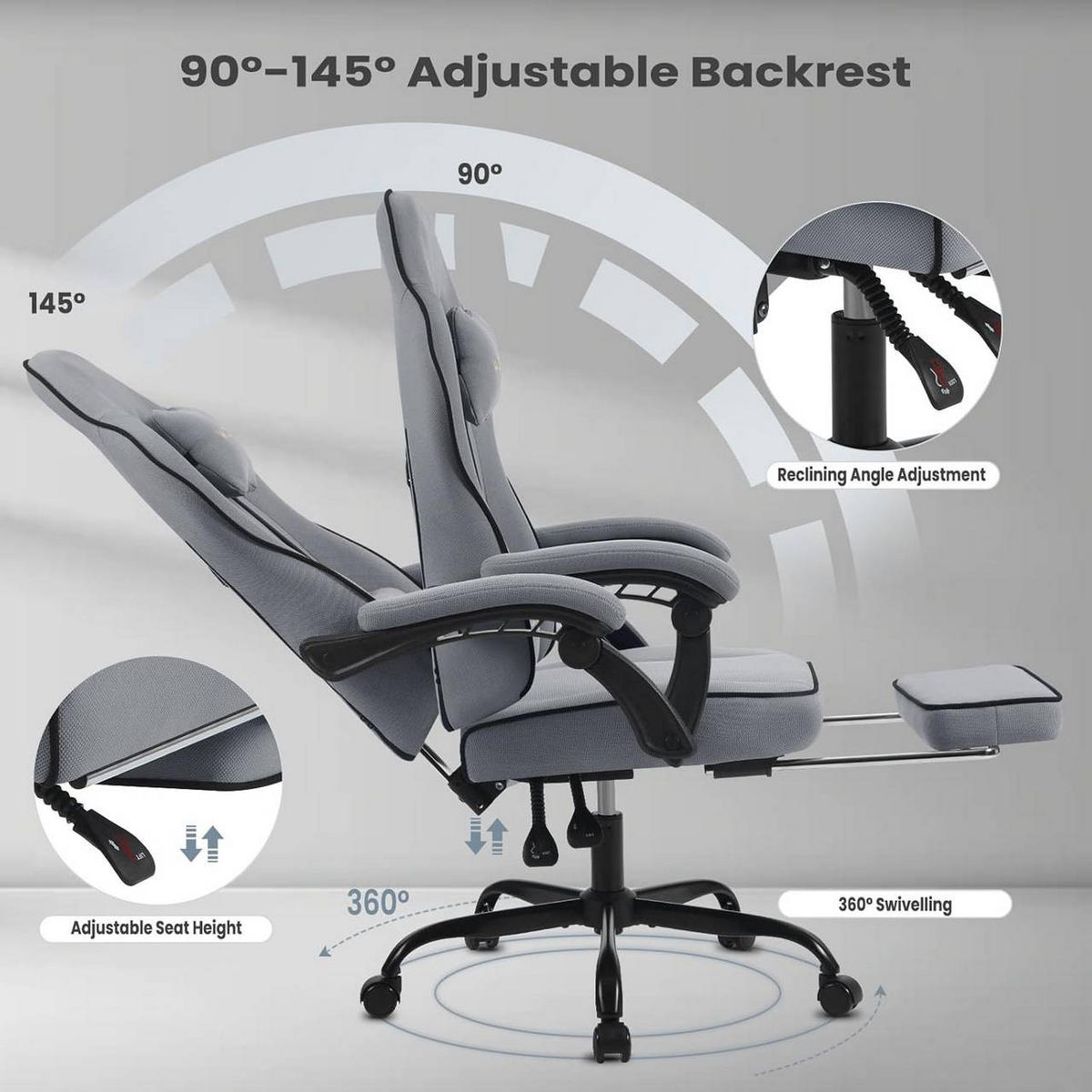 GAMINGSTUHL Drehstuhl, Netzstoff, Grau - Schwarz/Grau, Kunststoff/Textil (63.5/117.5/60cm) - Woltu