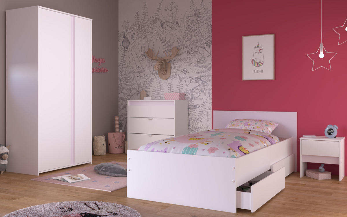 KINDERZIMMER Set 4-tlg. mit Kleiderschrank Kommode Nachttisch und Stauraumbett 90x200 - Weiß/Rosa, Holzwerkstoff/Kunststoff (100/182/203cm) - Parisot Meuble