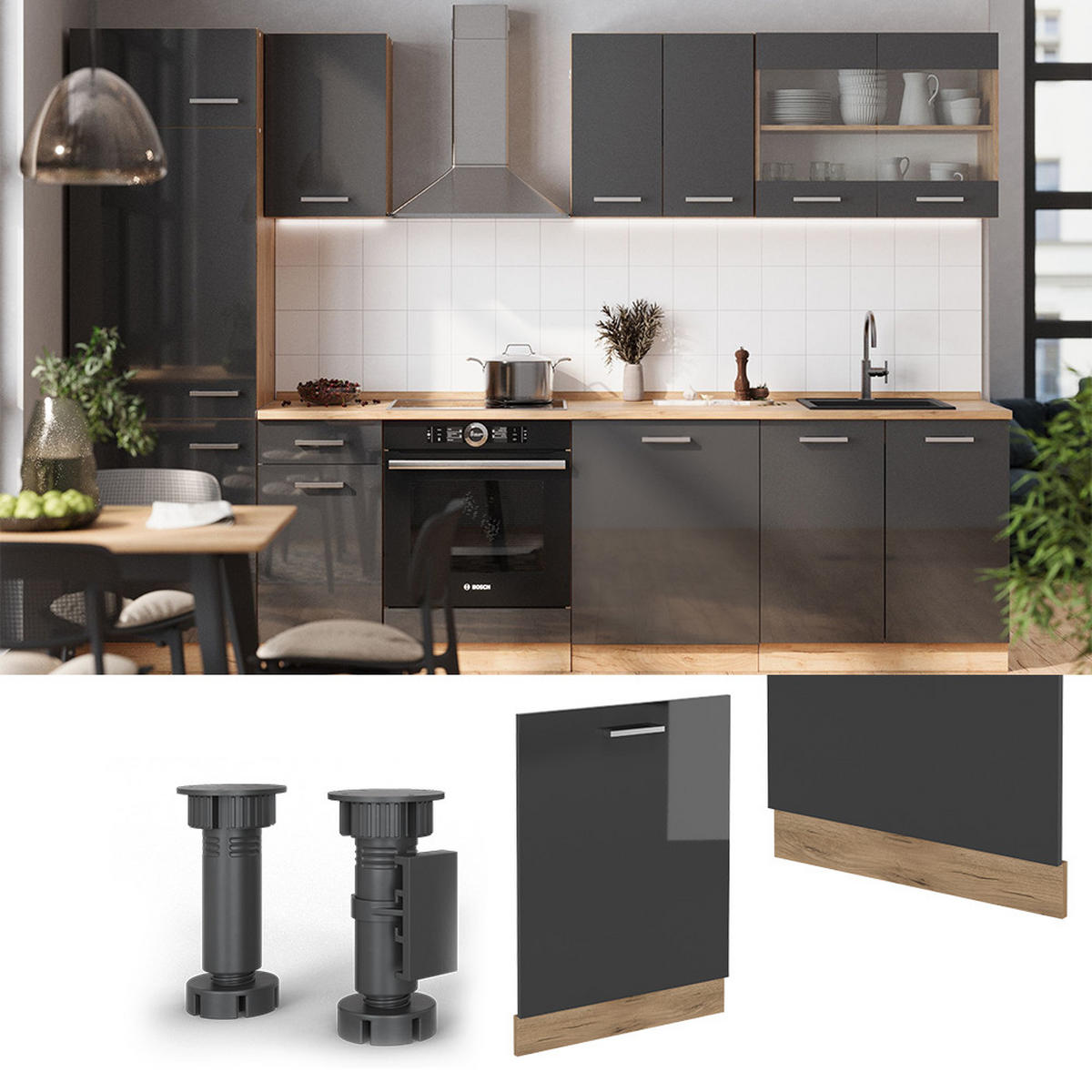 GESCHIRRSPÜLBLENDE R-Line Anthrazit Hochglanz 60 cm , AP Anthrazit - Honigeiche/Schwarz Hochglanz, Holzwerkstoff (60/81.8/1.6cm) - Vicco