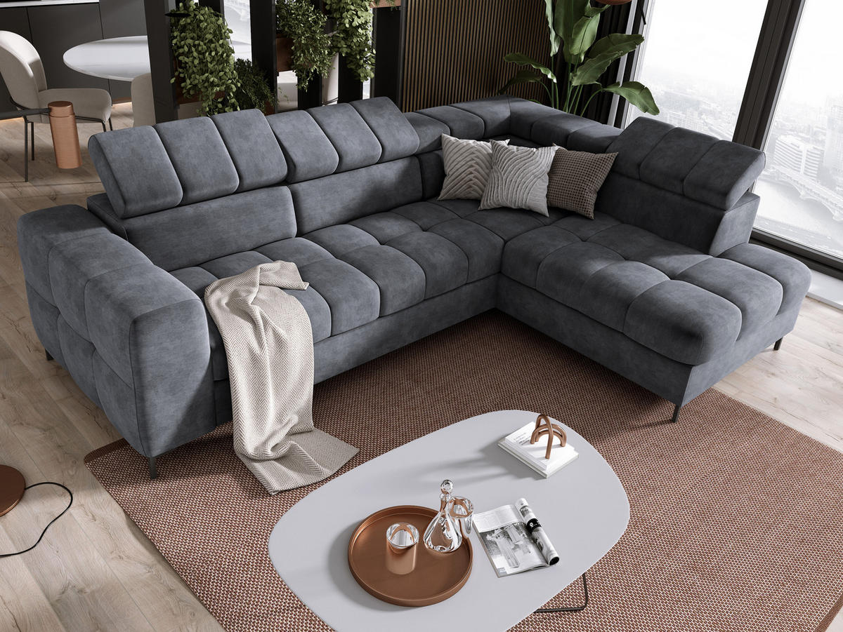 ECKSOFA PABLOS Cloud, L-förmig, Moderne, mit verstellbarem Kopfteil, Schlaf- & Lagermöglichkeiten, freistehend, RECHTS 279x201x97 cm Dark grey - Dunkelgrau, Holz/Textil (279/201cm) - DomoHome