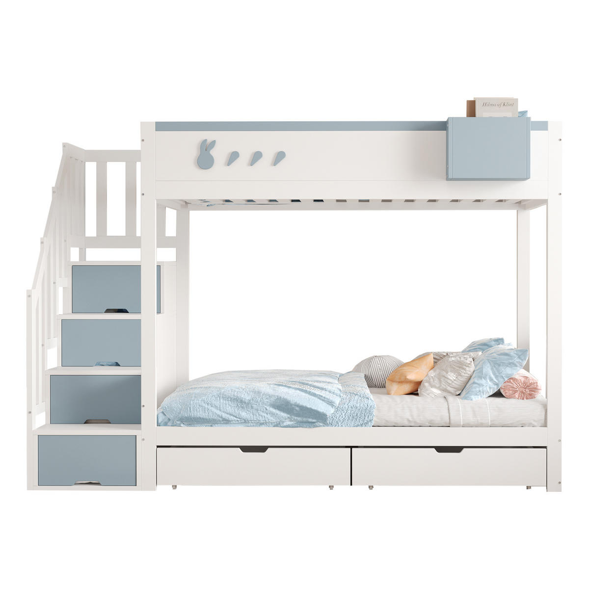 ETAGENBETT 90/200 cm Weiß+Blau mit Kaninchenmotiven und abnehmbaren Ablagefach - Weiß, Holz (90/200cm) - OKWISH