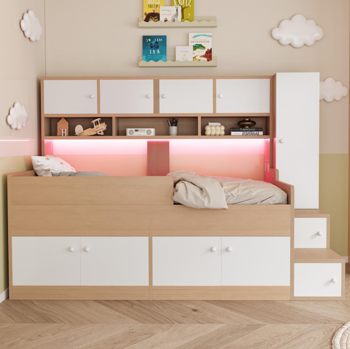 DĚTSKÁ postel 90/200 cm v barvě dřeva z MDF s úložným prostorem a LED osvětlením - barva dubu, kompozitní dřevo (90/200cm) - OKWISH