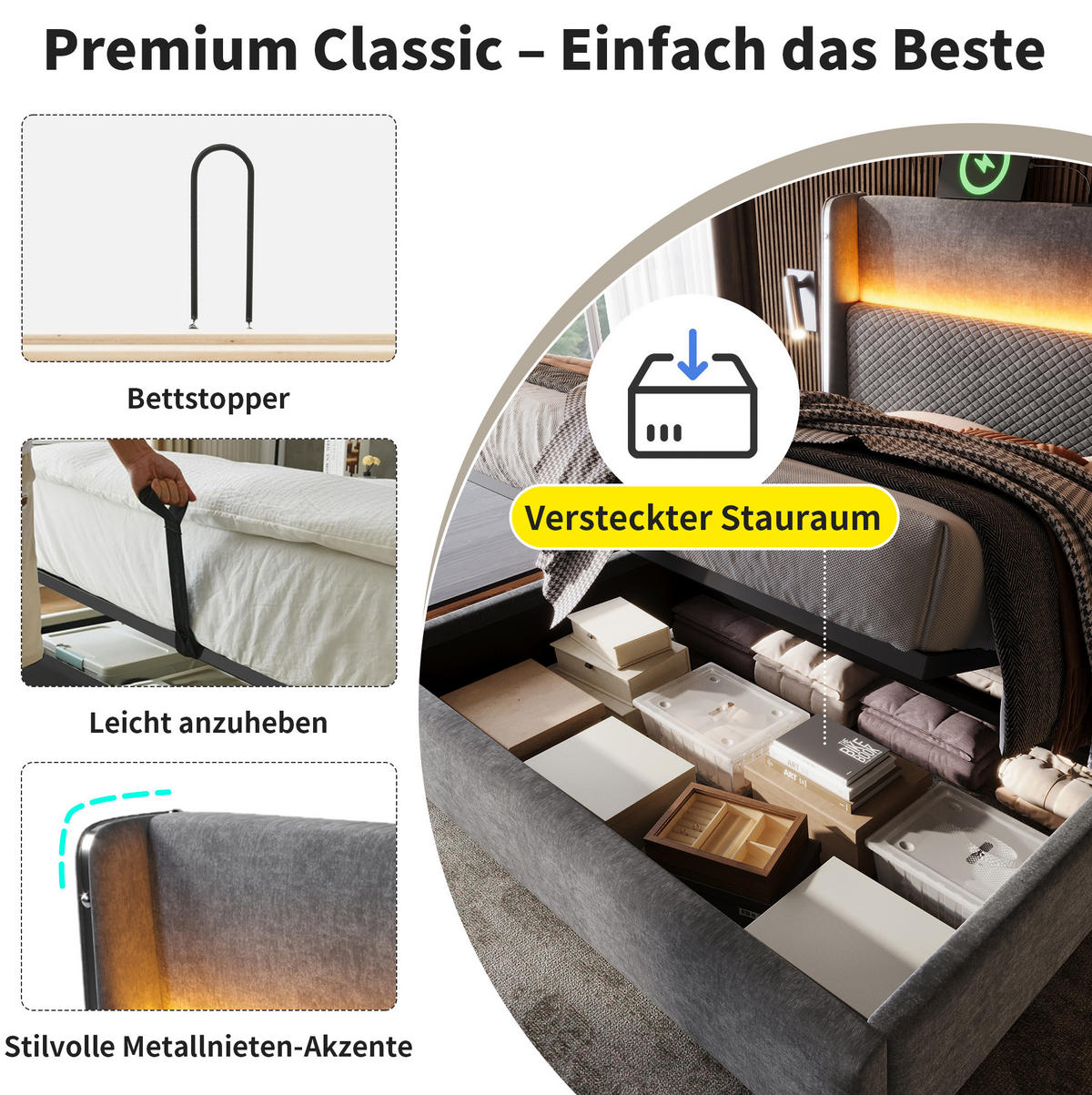 POLSTERBETT 140/200 cm mit Bettkasten, LED-Beleuchtung und gepolstertem Kopfteil - Grau, Textil (140/200cm) - BEAOK