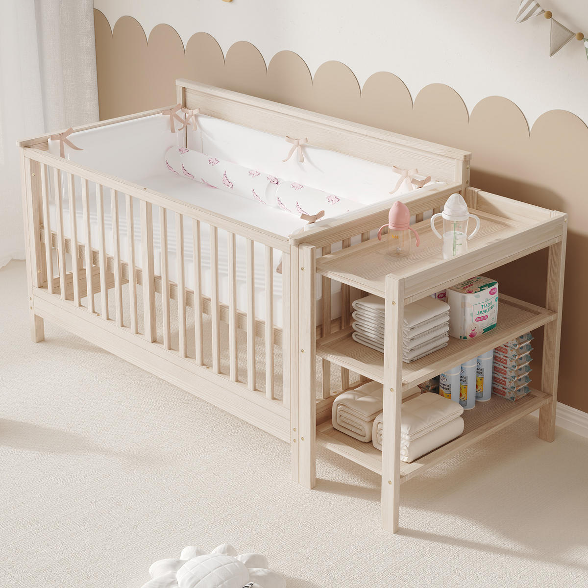 KINDERBETT 140/70 cm in Natur aus Kiefernholz mit Wickeltisch, Regal und Schutzgitter - Naturfarben, Holz/Holzwerkstoff (70/140cm) - WISHDOR