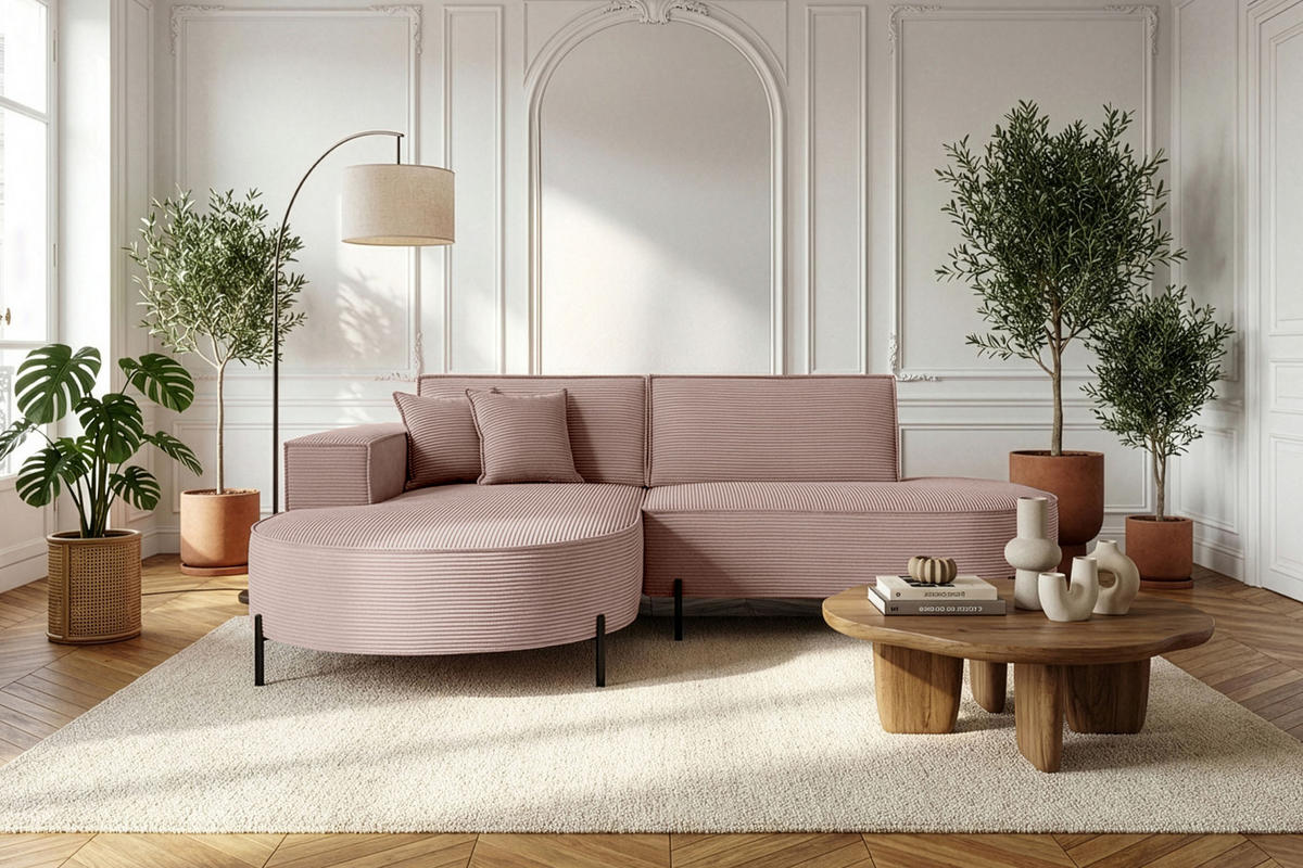 ECKSOFA Hana Loft 3-Sitzer Ecke Links, Cordstoff Chenille, Altrosa Rosa 241/80/168 cm - Schwarz/Rosa, Textil/Metall (241/168cm) - WFL GROUP