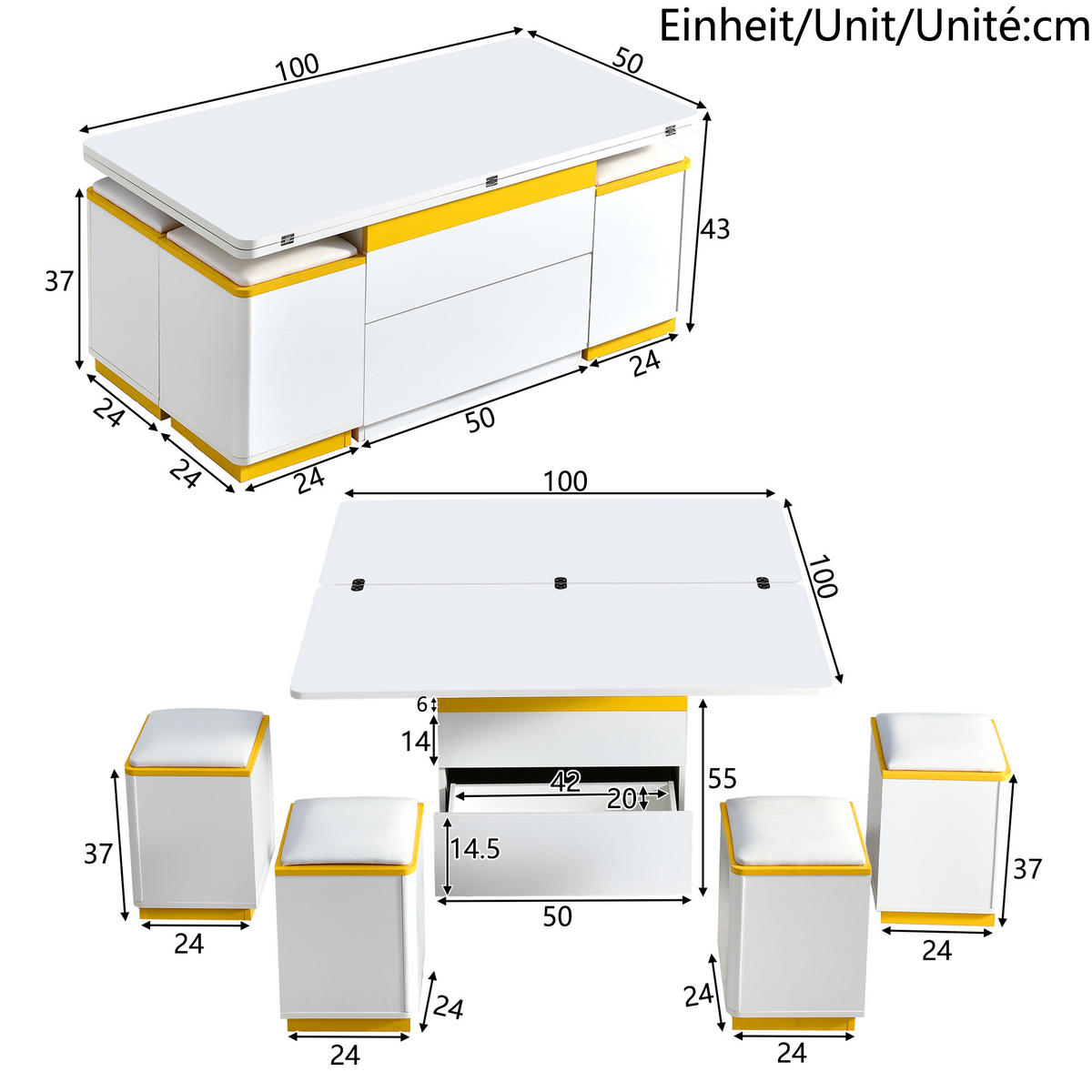 COUCHTISCH höhenverstellbar mit Stauraum und Hockern 100 x 50 x 43 cm - Weiß, Holzwerkstoff (100/50/37cm) - ComfortXL