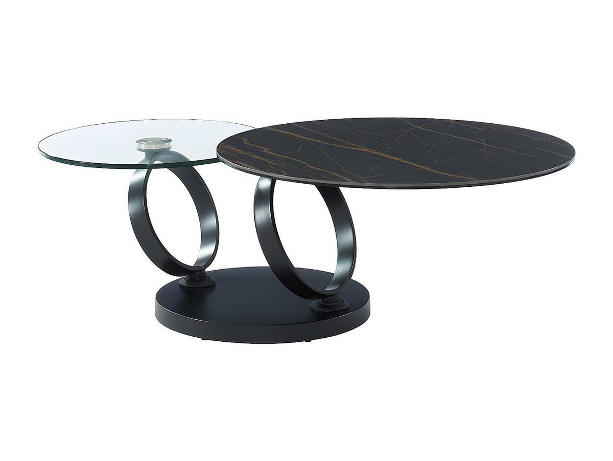 COUCHTISCH mit drehbaren Tischplatten - Keramik & Glas - Schwarz mit Marmor-Effekt - JOLINE - Schwarz, Glas (131.5/80/42cm) - Vente-Unique
