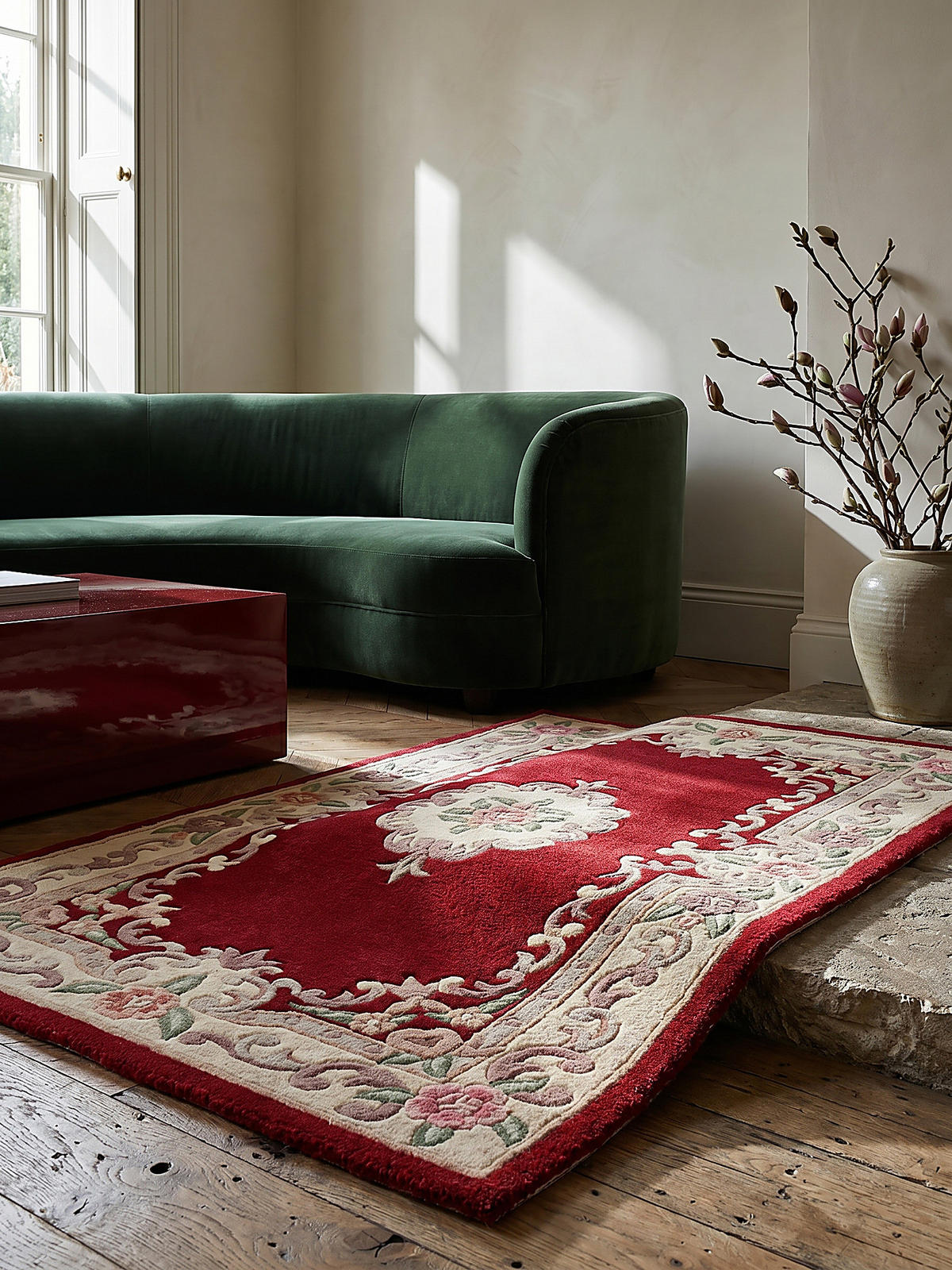 WOLLTEPPICH Aubusson-Muster handgeknüpft BEAULY, Rot-Beige 75x150 cm - Rot, Textil (150/75cm) - KADIMA DESIGN