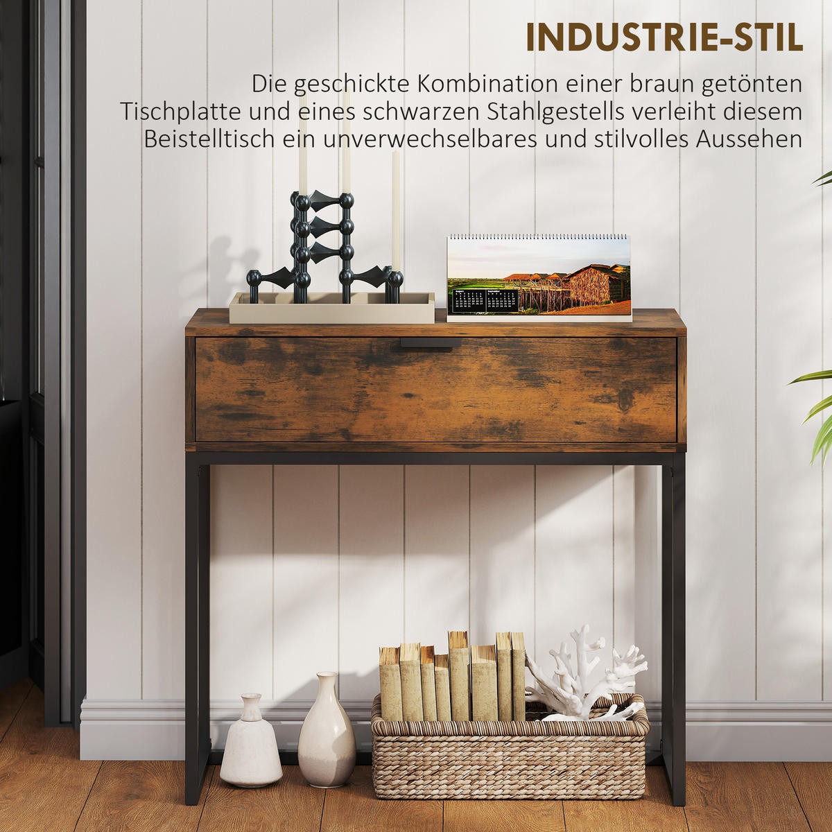 KONSOLENTISCH Flurtisch mit Schublade, Industrie-Design, Flur Wohnzimmer, 80x30x76 cm, Schwarz - Wildeiche, Holzwerkstoff (80/76/30cm)