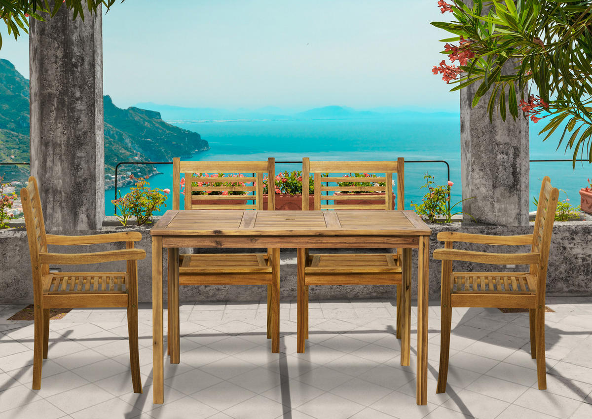 SITZGRUPPE Akana mit 4 Stühlen und 1 Tisch mit Schirmloch - 135x80 cm - Akazienholz geölt - Naturfarben, Holz - TPFGarden