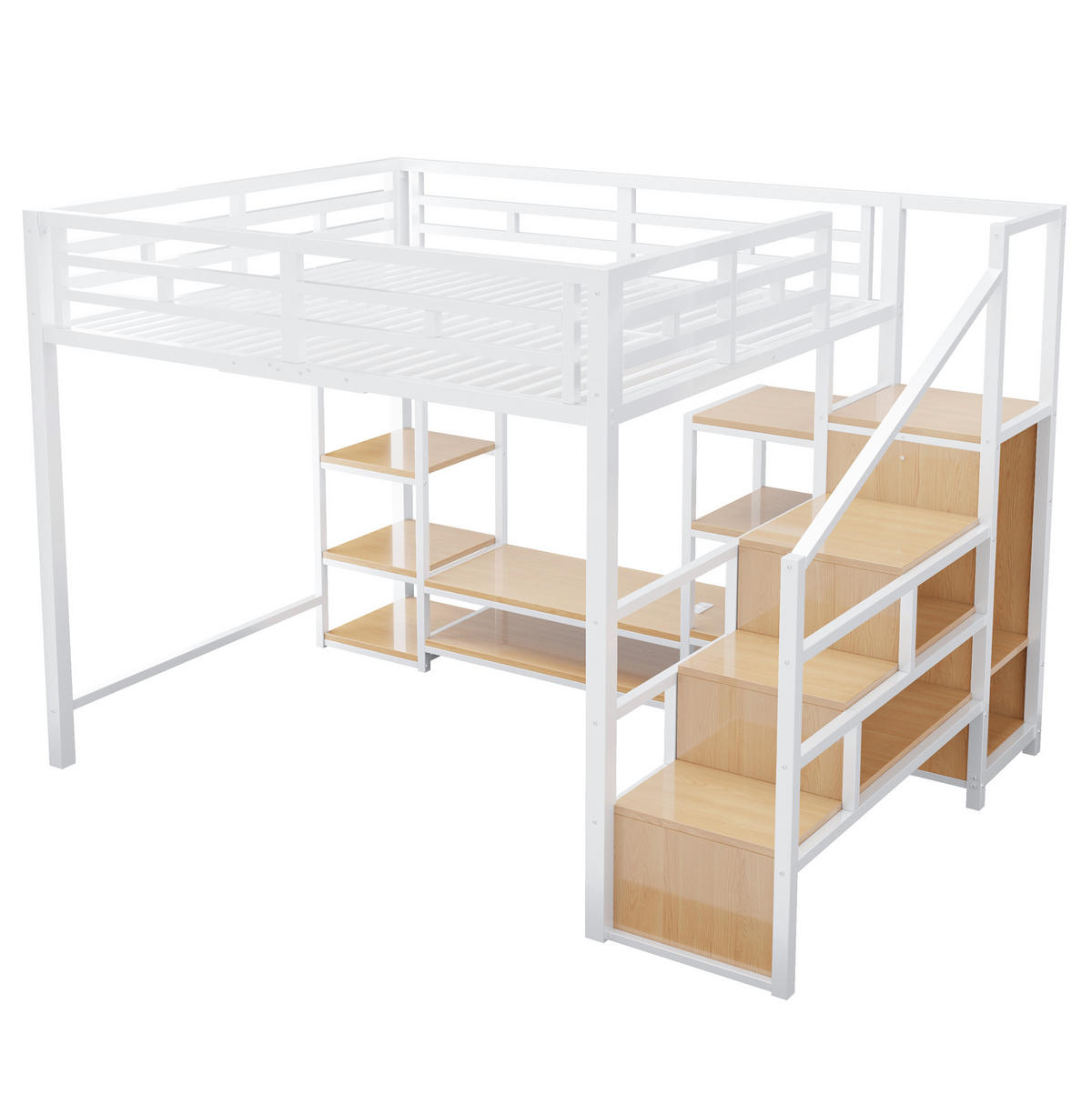 HOCHBETT 140/200 cm mit TV-Ständer, Steckdose und Aufbewahrungsleiter, Metall-MDF-Kombination, Weiß - Weiß, Holzwerkstoff (140/200cm) - Redom