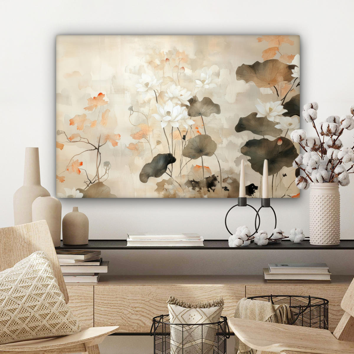 LEINWANDBILD Blumen - Japandi - Wabi sabi Gemälde 60x40 cm - Sandfarben, Textil (60/40cm) - MuchoWow