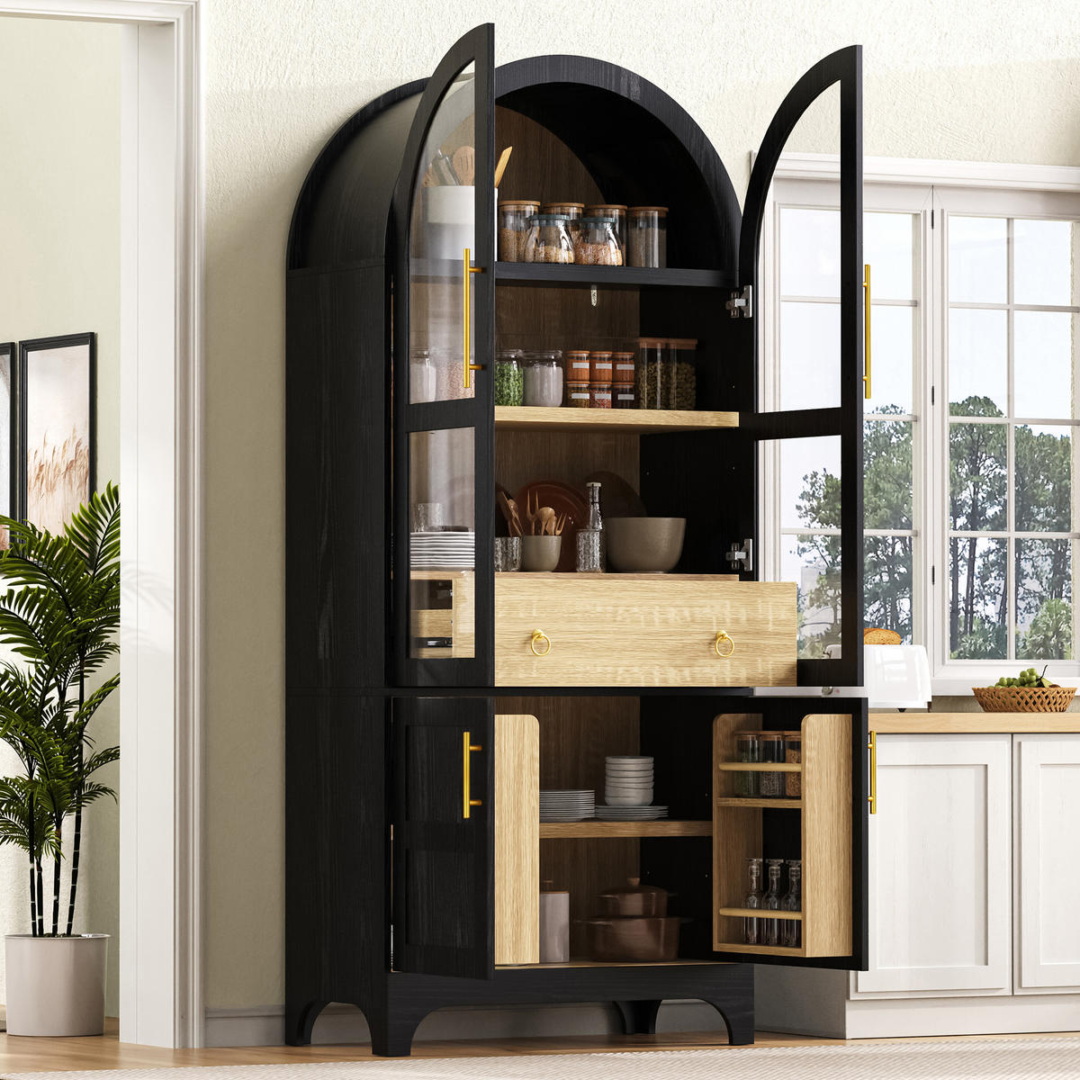 HIGHBOARD DE-38322 mit Riffelglas und verstellbaren Böden Natur - Schwarz, Holzwerkstoff (76/180/40cm) - ComfortXL