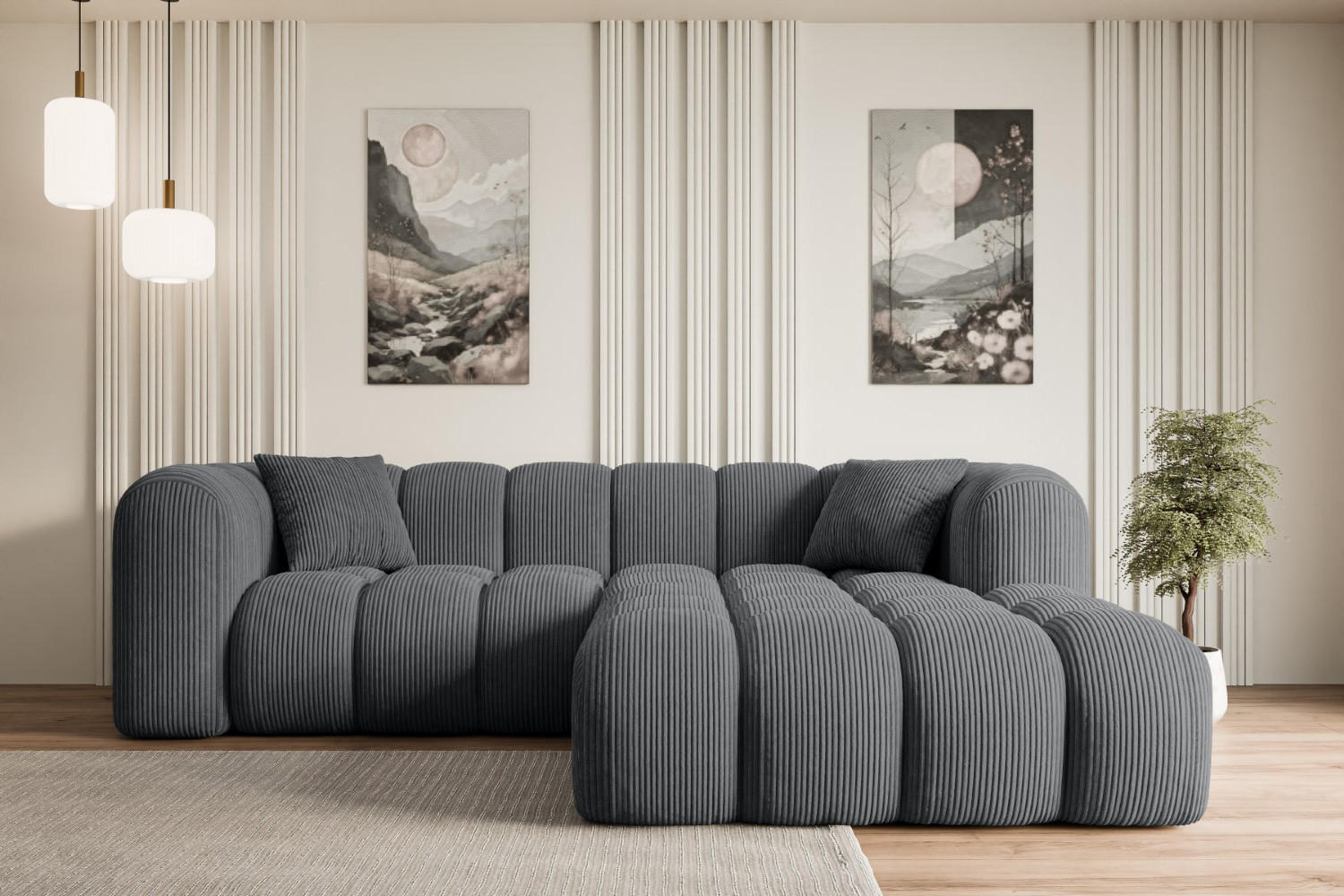 ECKSOFA Ottomane Rechts OLEA-L1 - 231x173x74 cm Dunkelgrau Cord - Dunkelgrau/Schwarz, Holzwerkstoff/Kunststoff (231/173cm) - ALTDECOR