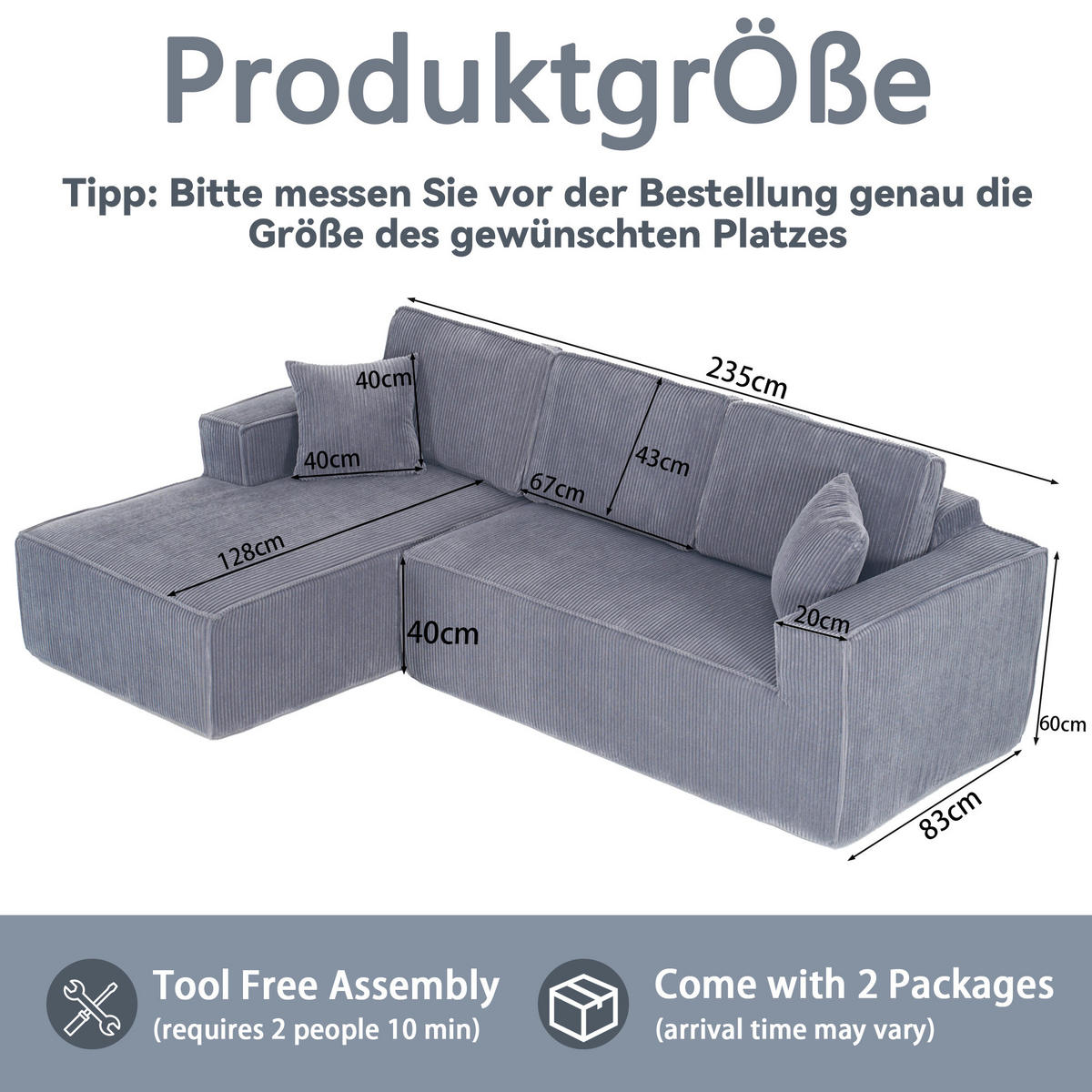 ECKSOFA Cord Grau mit 2 Kissen - Grau, Textil (235/128cm) - WISHDOR