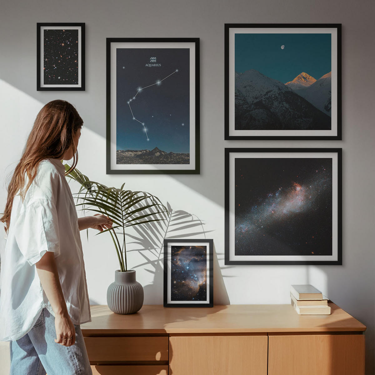 WANDBILDER 5er-Set - 50x50 cm & 20x30 cm & 40x60 cm Schwarzer Rahmen - Galaxienraum Wassermann-Berge - Schwarz, Kunststoff (40/60cm) - ArtPrintCave