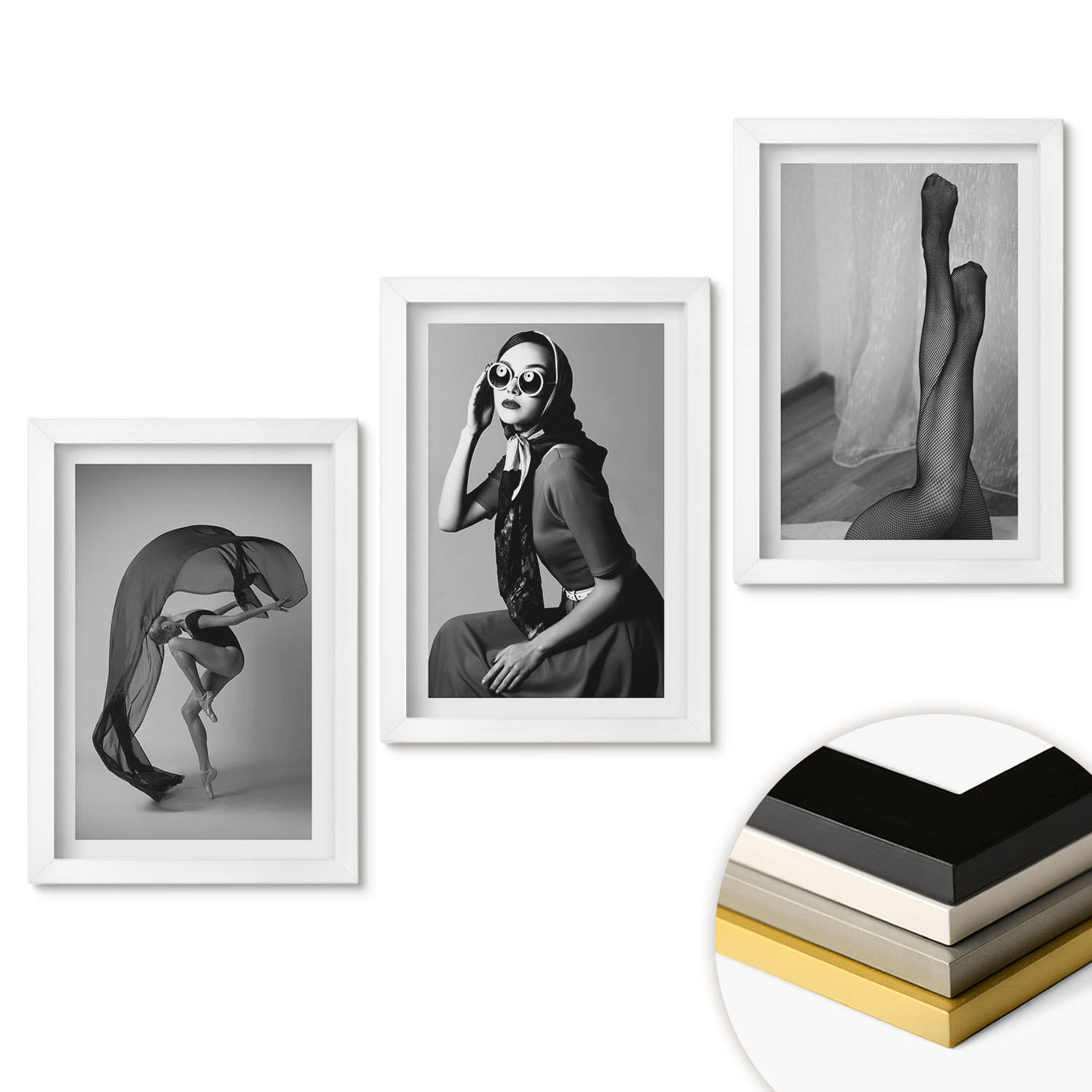 WANDBILDER 3er-Set - 20x30 cm Weißer Rahmen - Schwarz-Weiß-Porträts von Frauen - Weiß, Kunststoff (20/30cm) - ArtPrintCave