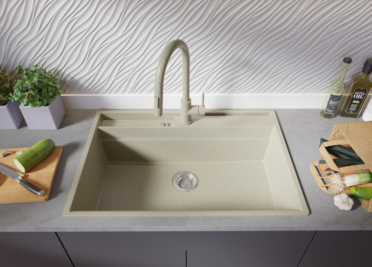 GRANITSPÜLE Oslo Pocket, 2-er set Beige 78/53 cm 1 Becken + Küchenarmatur 32/20 cm + Ablauf-Set + Küchenzubehörset ab 80er Unterschrank - Chromfarben/Beige, Kunststoff (78/20/53cm) - Primagran