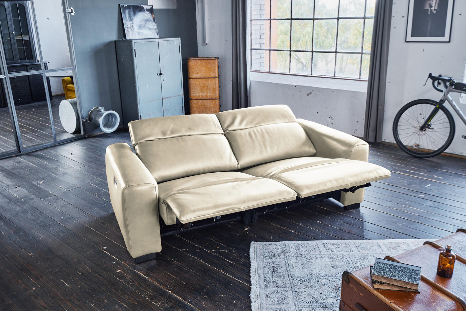 SOFA FINN Cremeweiß Leder - Creme/Schwarz, Leder/Kunststoff (210/80/107cm) - KAWOLA