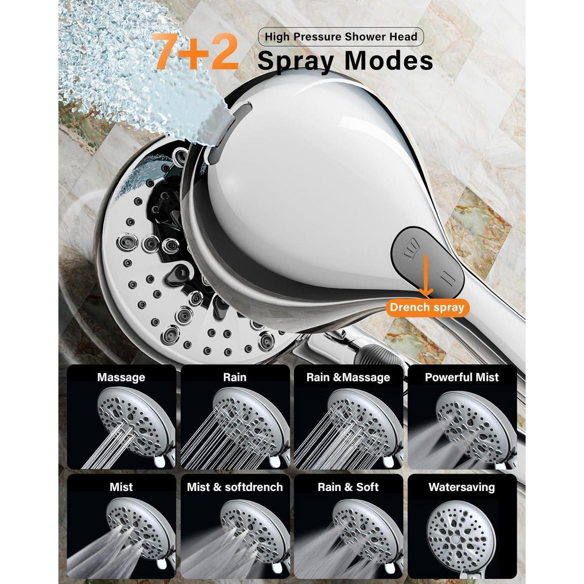 HANDBRAUSE Wassersparend mit Stoppfunktion und 7 Strahlarten - Silberfarben, Metall (13.3/12.7/29cm)