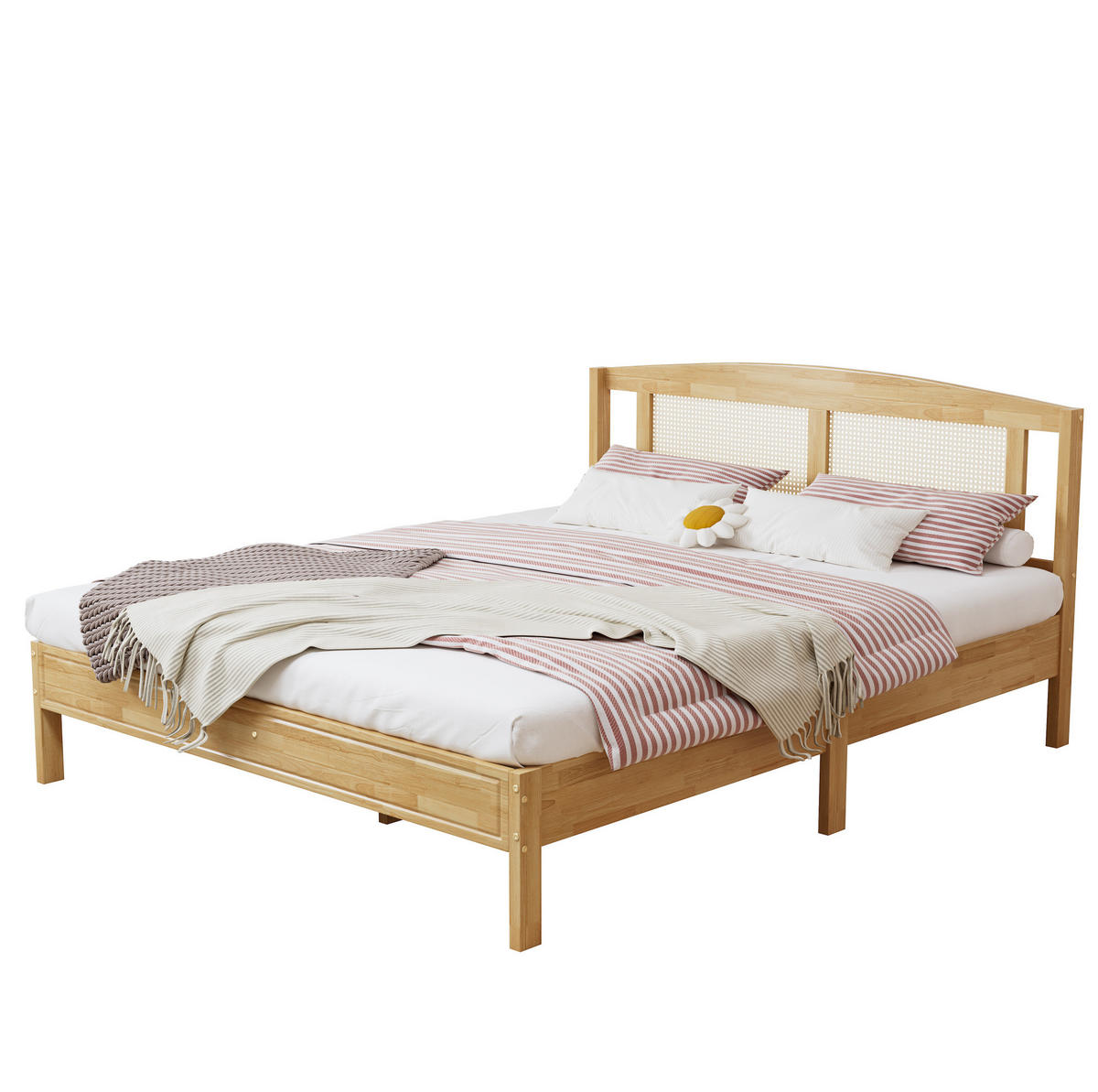 POLSTERBETT aus Kiefer und PE-Rattan 160x200 cm Natur mit 15 Latten, Mittelfüßen und Rattandetails - Naturfarben, Holzwerkstoff (160/200cm) - Modfu