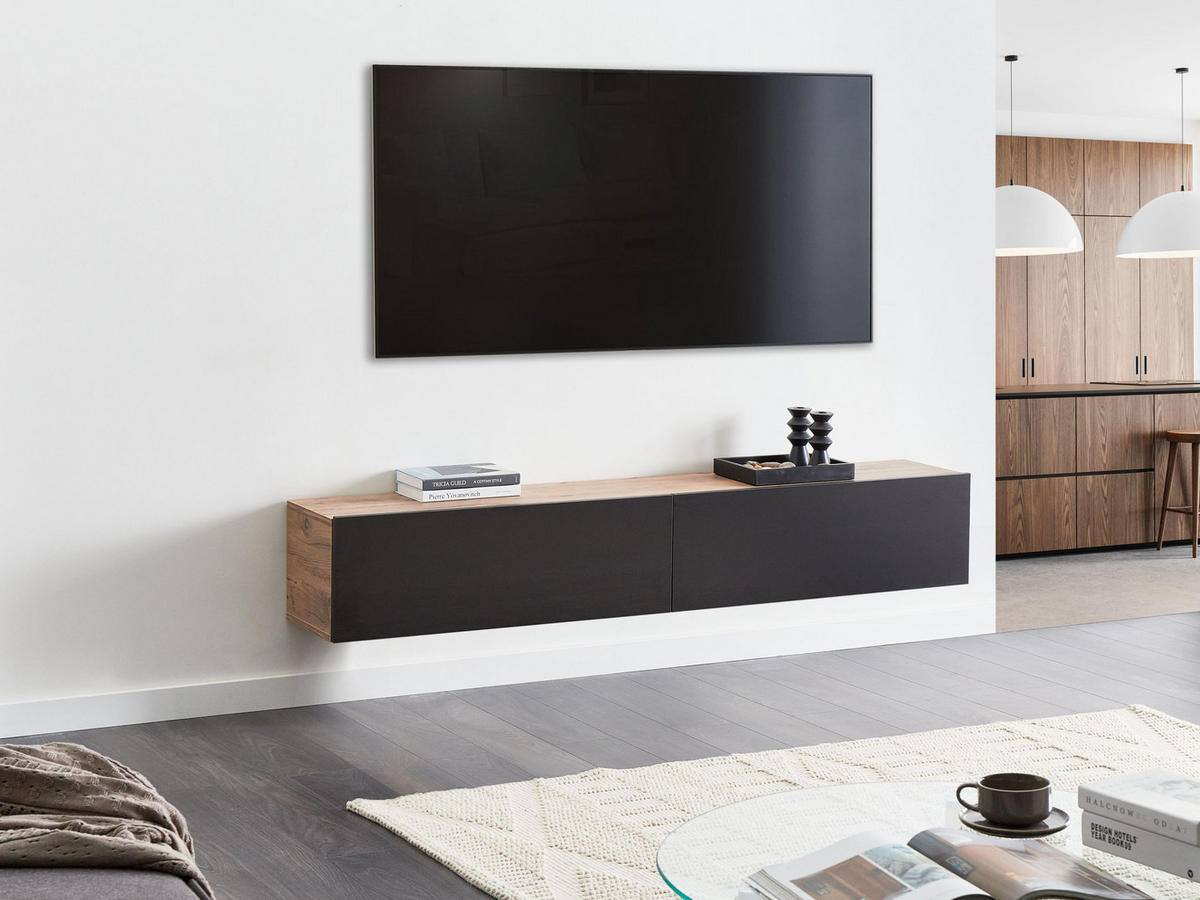 WANDMONTIERTER-TV-SCHRANK Schwarz/Braun Gladstone - Schwarz/Braun, Holzwerkstoff (180/30/32cm) - Beliani