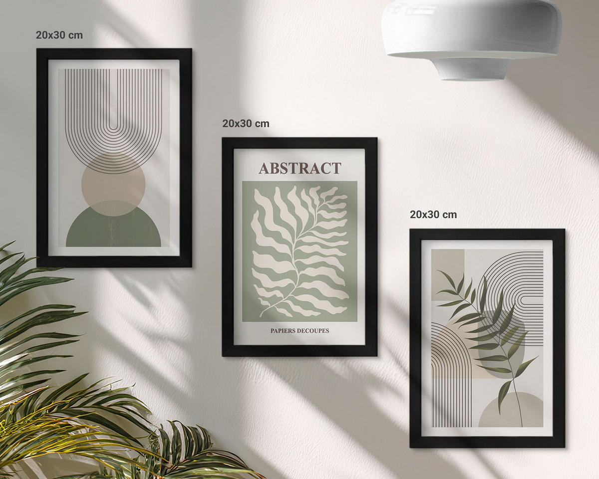 WANDBILDER 3er-Set - 20x30 cm Schwarzer Rahmen - Botanische Boho-Abstraktionen - Schwarz, Kunststoff (20/30cm) - ArtPrintCave