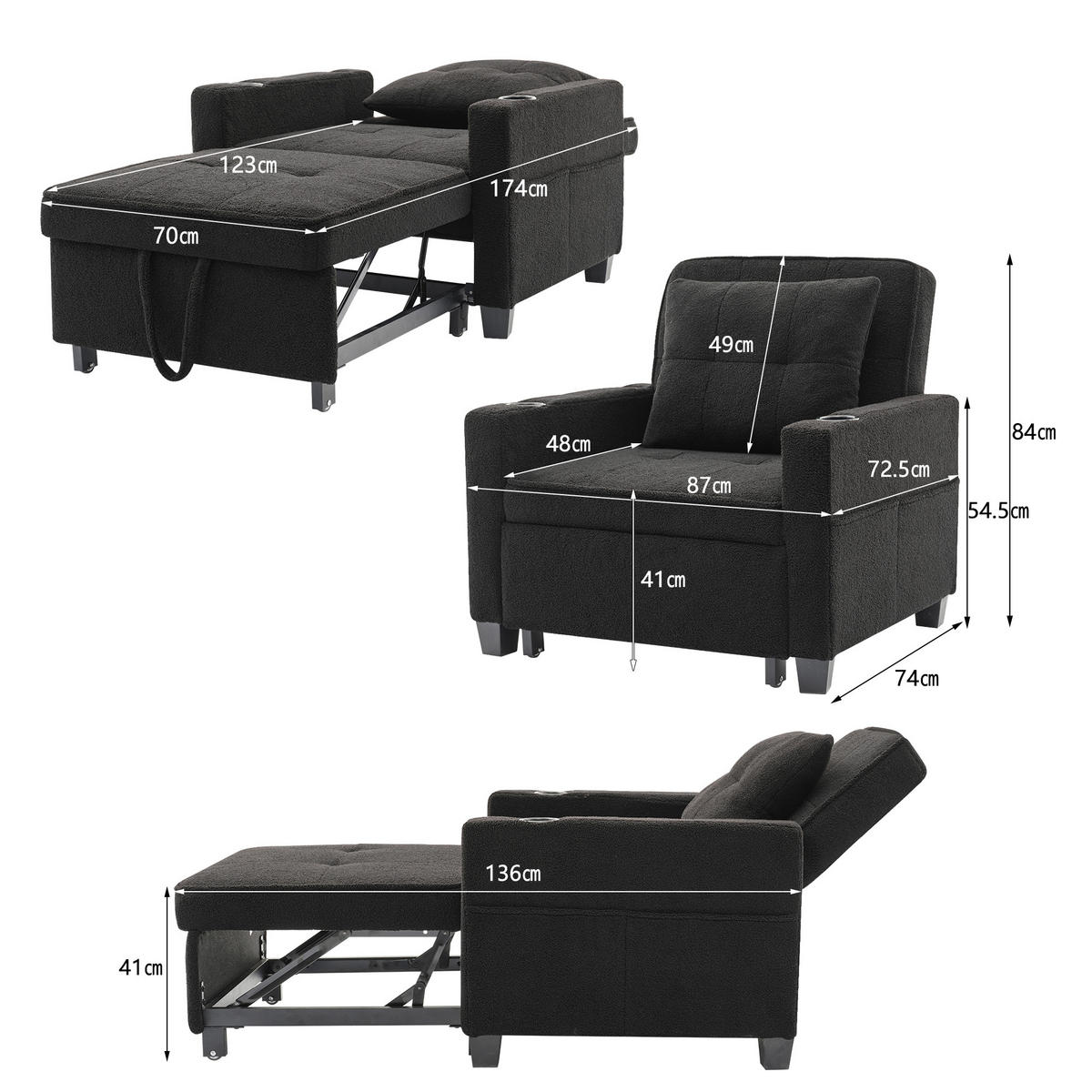 RELAXSESSEL 87/74/84 cm Schwarz mit Getränkehaltern und USB Anschluss - Schwarz, Textil (74/84/87cm) - Oxeza