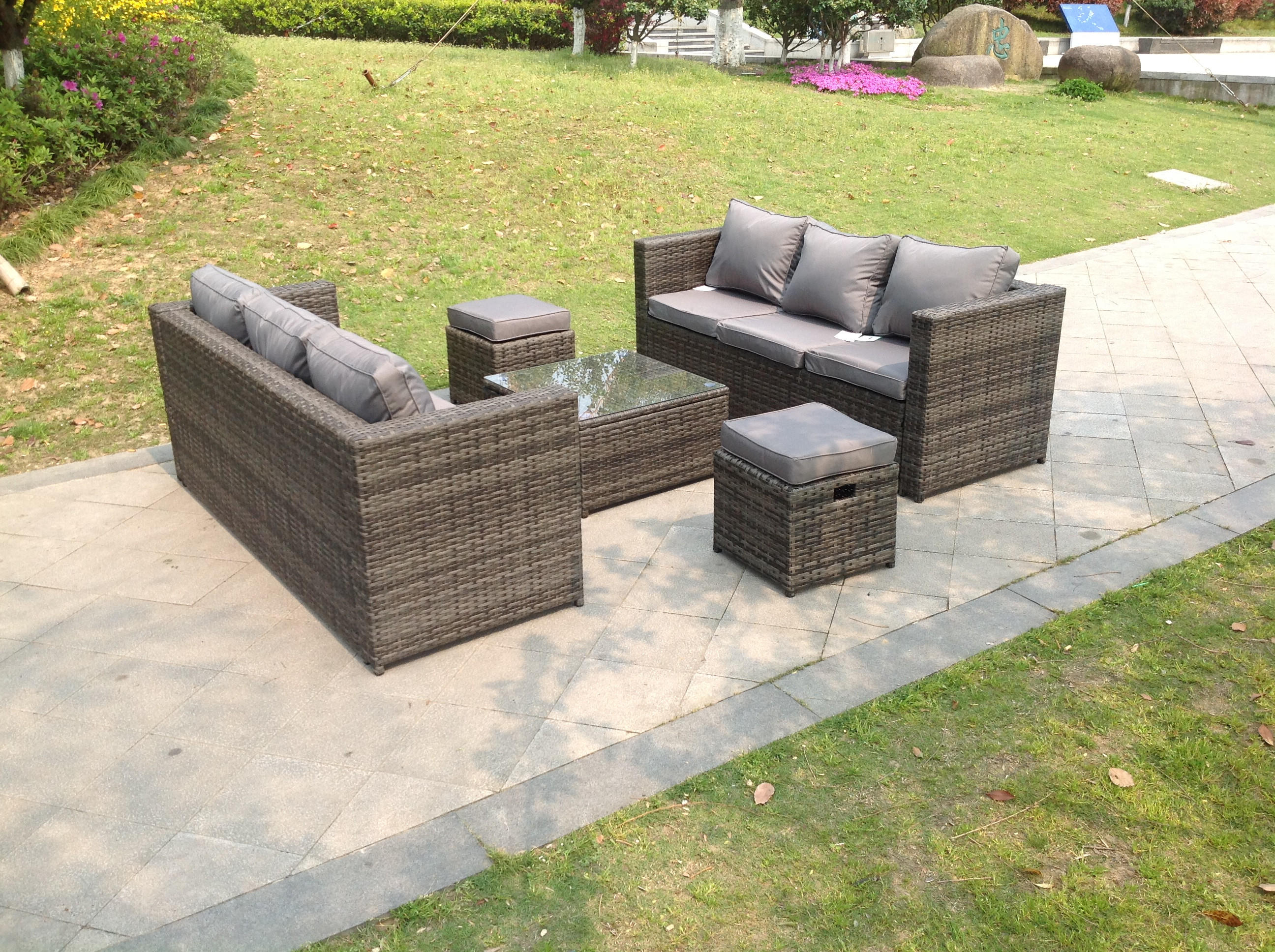 GARTENMÖBELSET mit Couchtisch Polyrattan 8-Sitzer - Dunkelgrau/Grau, Glas/Kunststoff - Fimous
