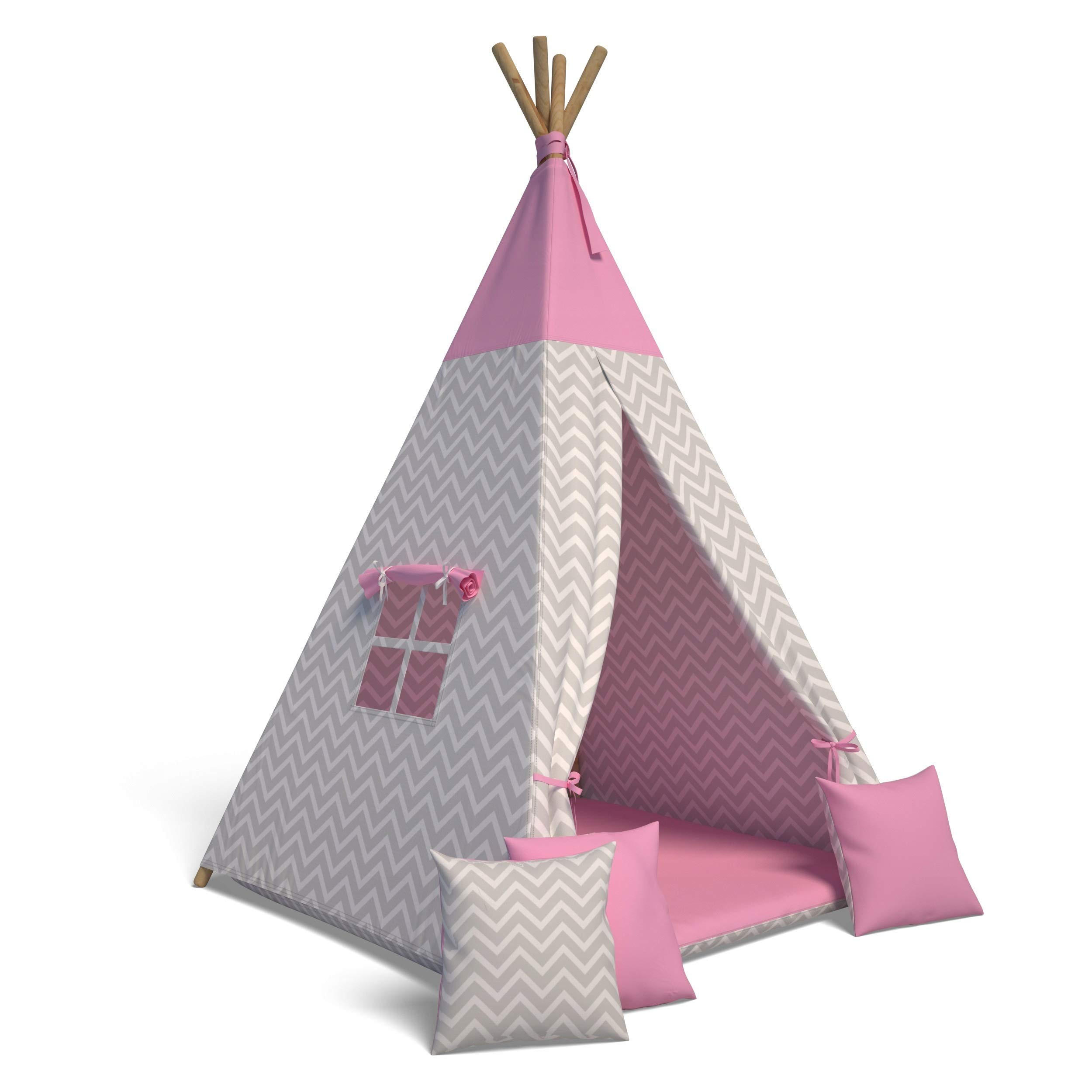 TIPI-ZELT 105 x 105 x 140 cm Zickzack rosa mit weichen Kissen | Spielzelt für Kinderzimmer Indoor - Pink, Textil (105/105cm) - Best for Kids