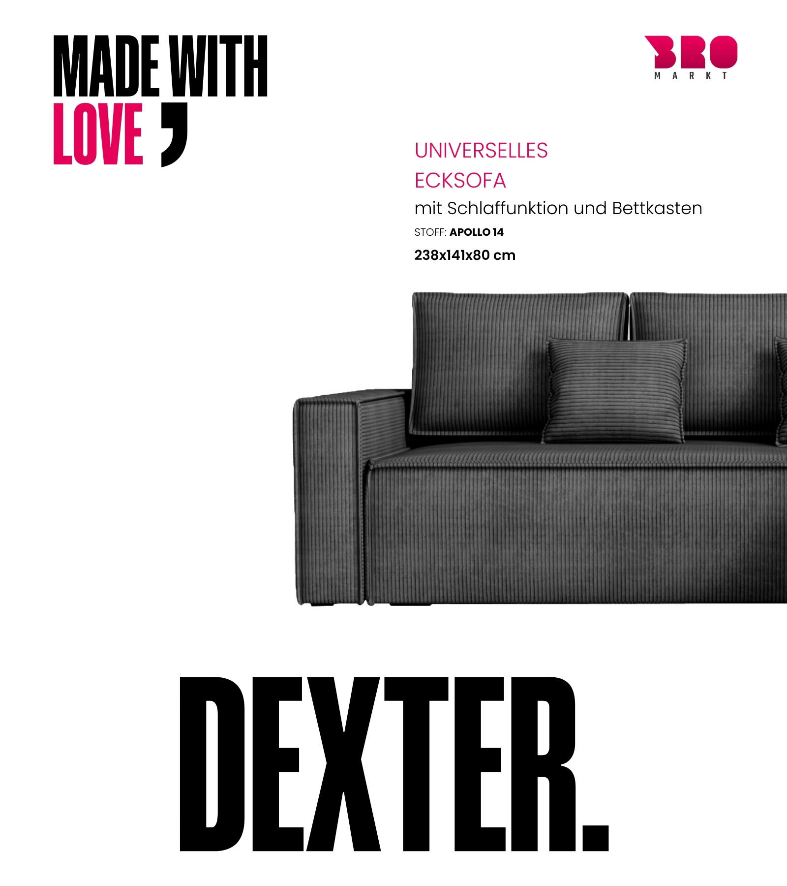 ECKSOFA Dexter mit Schlaffunktion Schwarz Cord - Schwarz, Textil (238/141cm) - Bromarkt