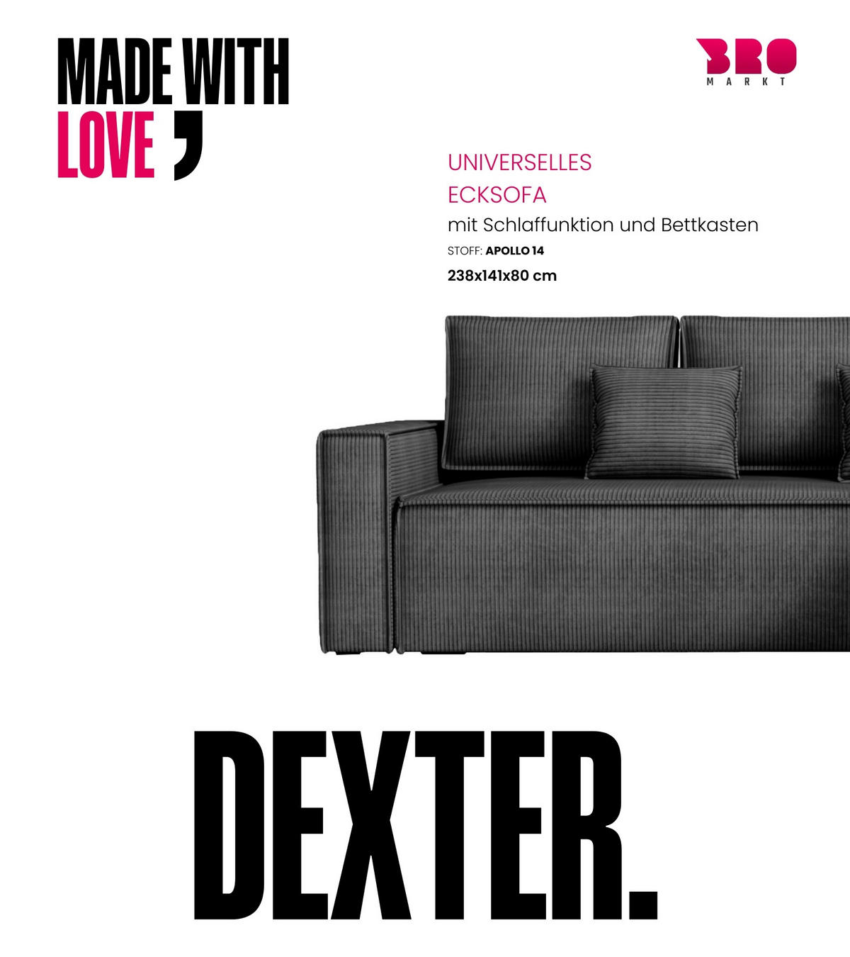 ECKSOFA Dexter mit Schlaffunktion Schwarz Cord - Schwarz, Textil (238/141cm) - Bromarkt