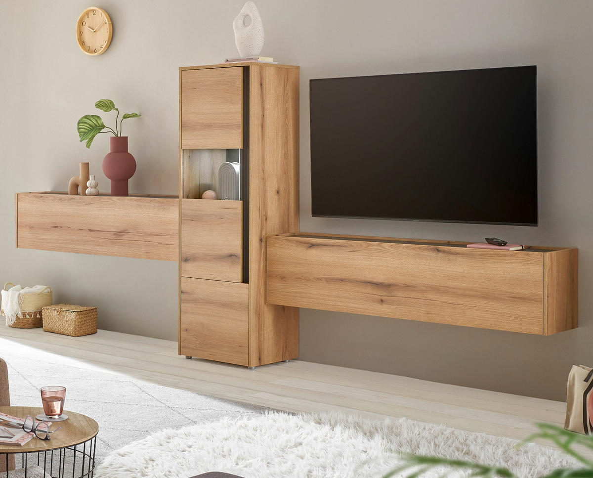 WOHNWAND Evoke Eiche, grau, Wohnkombination Set 3-teilig, 350 cm - Eichefarben/Schwarz, Glas/Holzwerkstoff (350/155/40cm) - Furn.Design