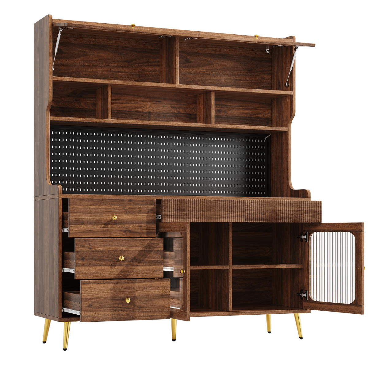 BUFFET 145/39/171 cm walnuss aus MDF und Glas mit LED - Walnussfarben, Holzwerkstoff (145/171/39cm) - OKWISH