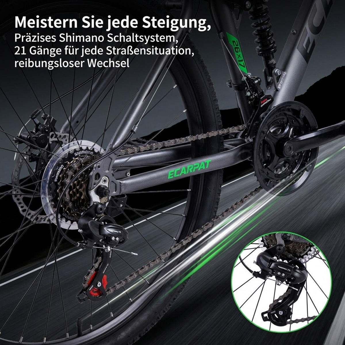 MOUNTAINBIKE 26 Zoll Schwarz + Grün, 21-Gang-Schaltung, Doppel-Scheibenbremsen, Carbonstahl - Grau, Metall (20cm) - Oxeza