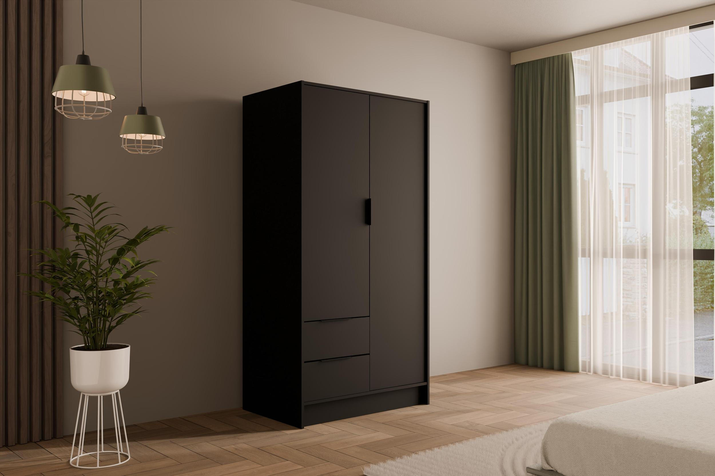KLEIDERSCHRANK mit Flügeltüren KOLIN 100x200cm Schwarz - Schwarz, Holzwerkstoff (102/200/51cm) - ALTDECOR