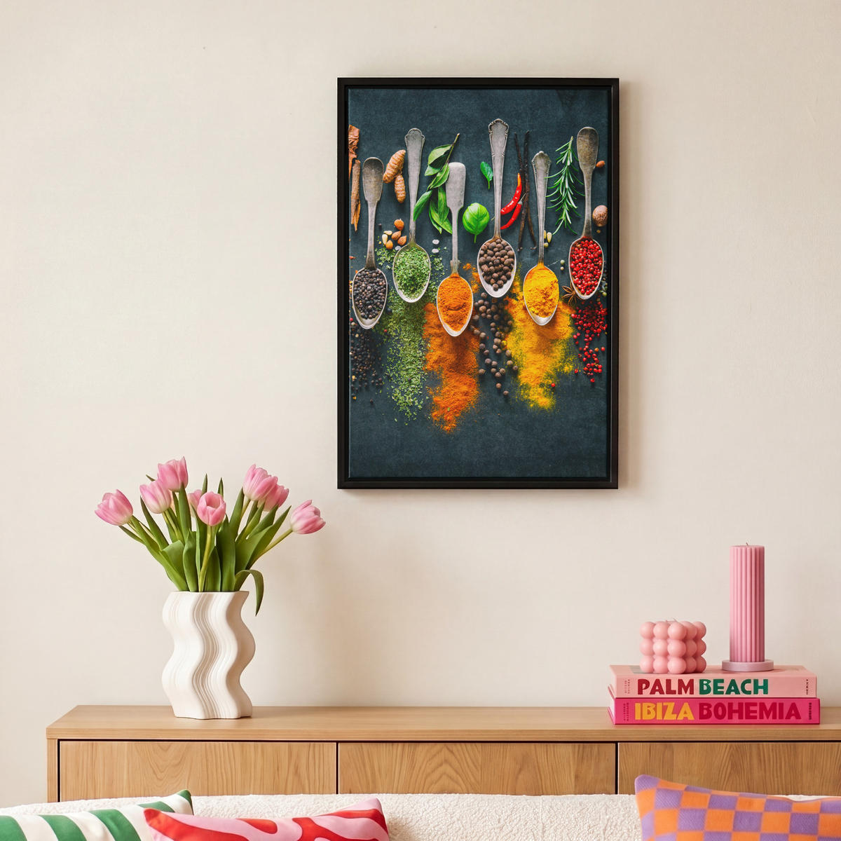 LEINWAND Bilder mit Rahmen - Kräuter - Gewürze - Löffel - 20x30 - Currygelb, Textil (20/30cm) - MuchoWow