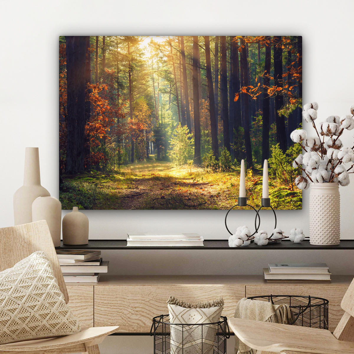 LEINWANDBILD Wald - Herbst - Bäume Wandbilder 80x60 cm - Dunkelgrün, Textil (80/60cm) - MuchoWow