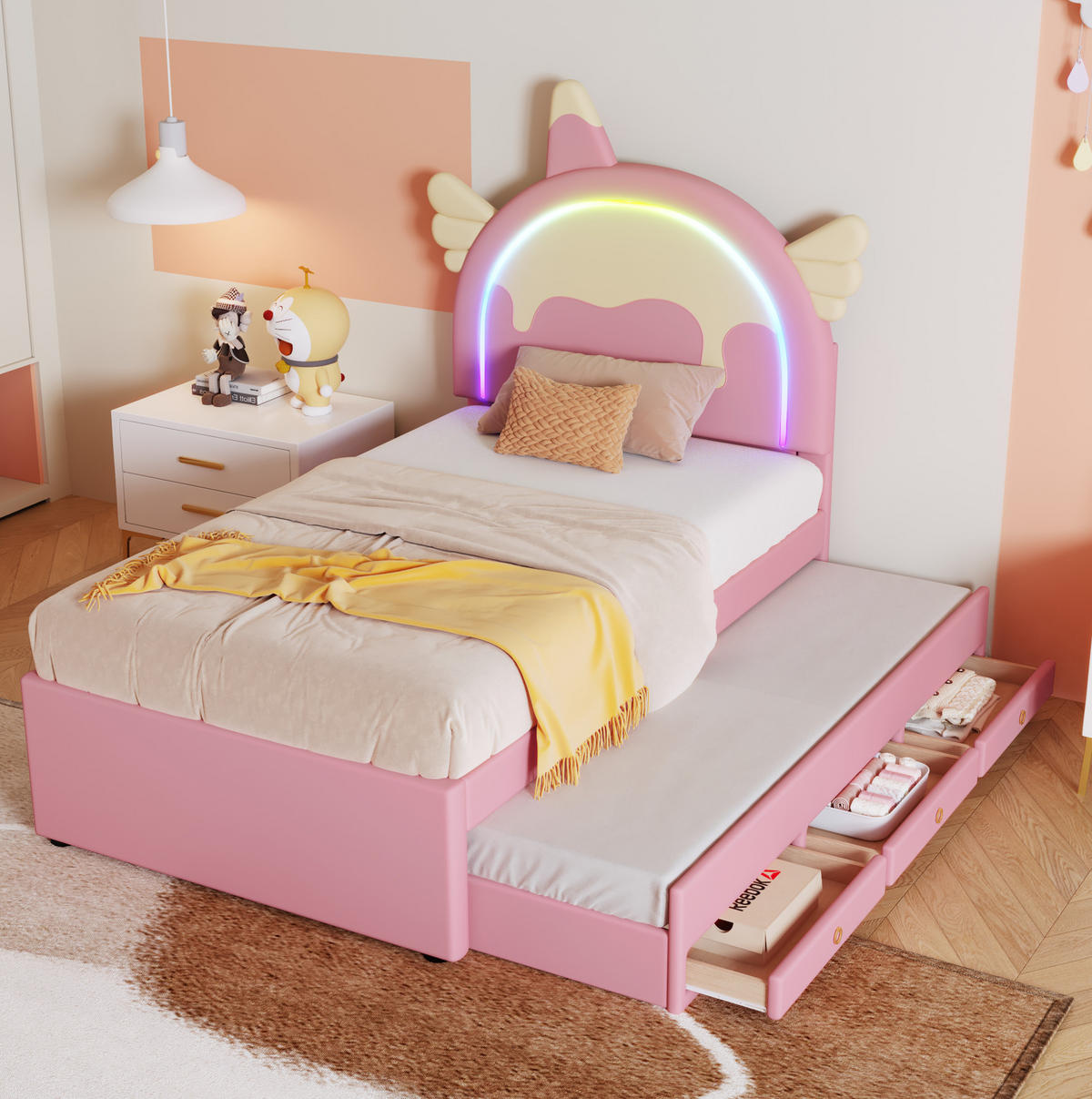 KINDERBETT 90/200 cm aus PU und MDF mit Einhorn-Kopfteil und ausziehbarem Rollbett Rosa - Rosa, Kunststoff (90/200cm) - Modenvie