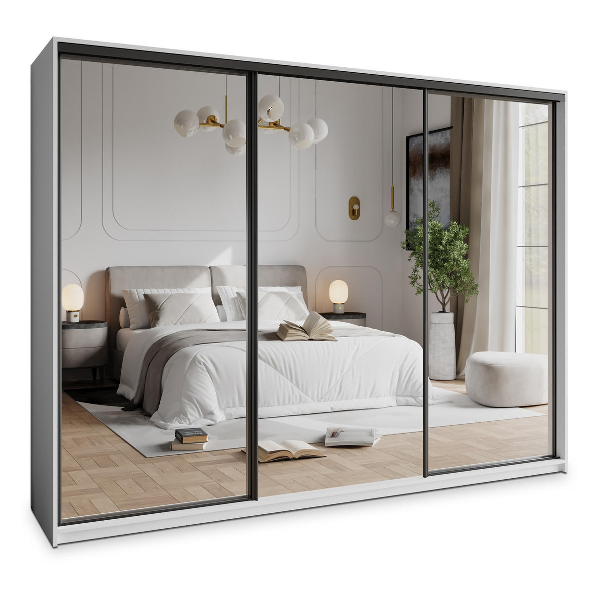 SCHWEBETÜRENSCHRANK RIEN 250/205/60 cm 3-türig mit Spiegel und Schubladen Weiß - Schwarz/Weiß, Holzwerkstoff (250/205/60cm) - MASSENO