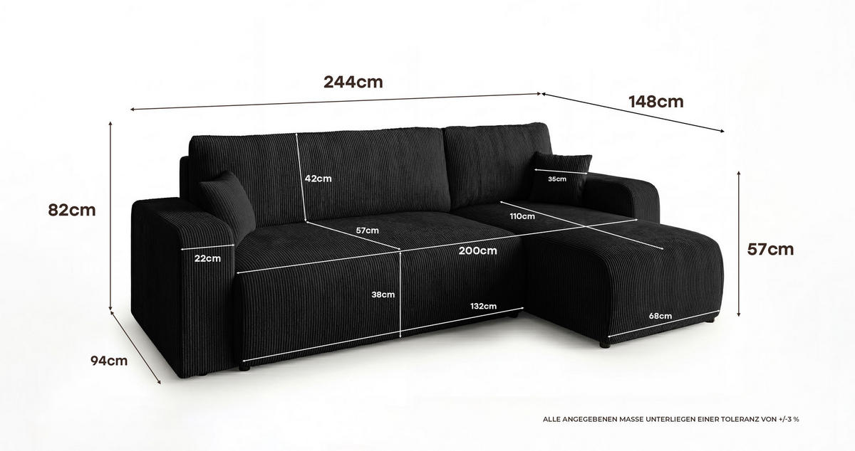 ECKSOFA PARIS rechts schwarz Cord Poso 135 - Schlaffunktion, Bettkasten - Schwarz, Textil (255/149cm) - Cornero