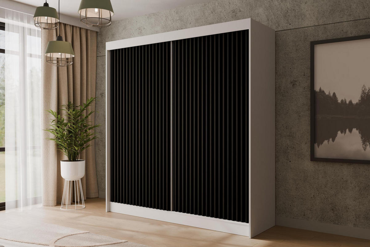KLEIDERSCHRANK mit Lamel-Schiebetüren VILANv2 - 200 cm Weiß + Lamelle schwarz - Schwarz/Weiß, Holzwerkstoff (200/215/61cm) - ALTDECOR