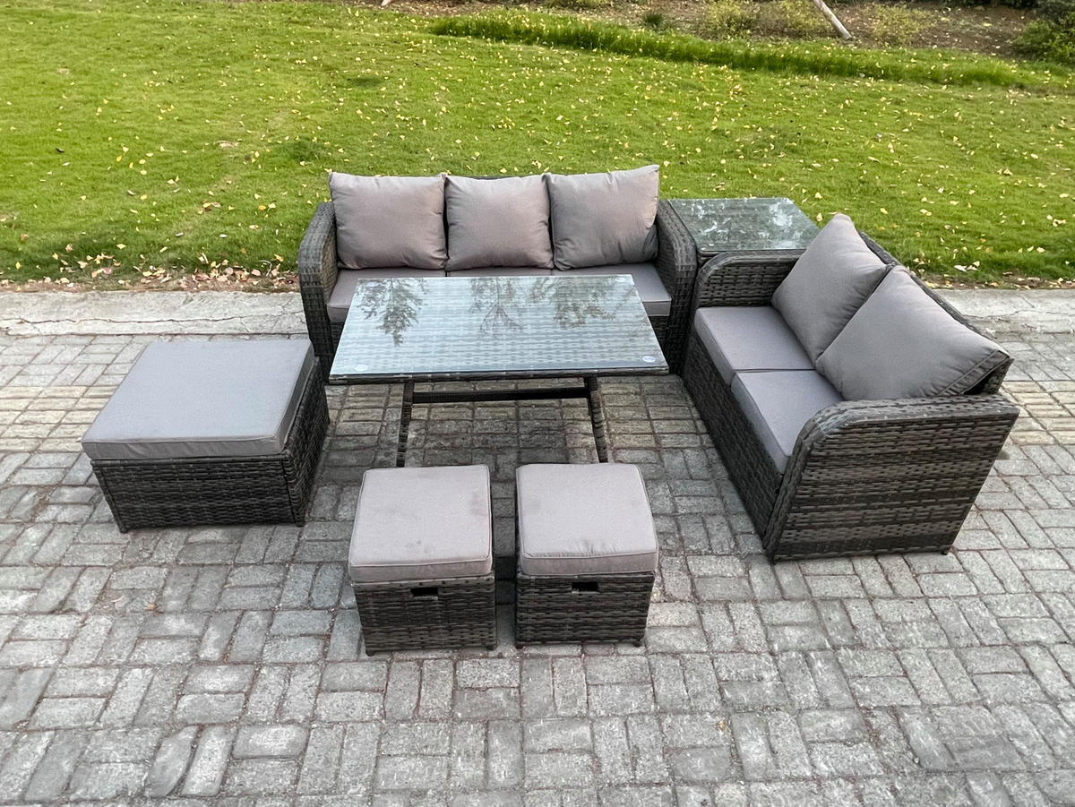 GARTENMÖBELSET mit ESSTISCH,SOFA Polyrattan 8-Sitzer - Dunkelgrau/Grau, Glas/Kunststoff - Fimous
