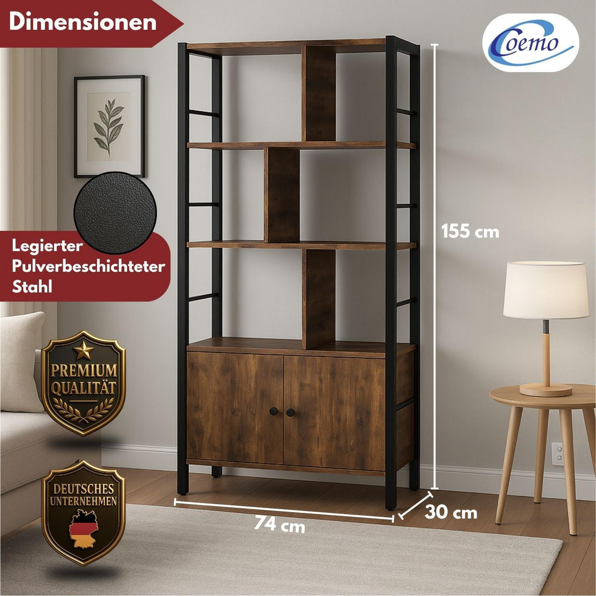 STANDREGAL VINTAGE Metall mit 2 Türen Holz 74/30/1550cm - Braun, Metall (30/155/74cm) - Mein-Regal