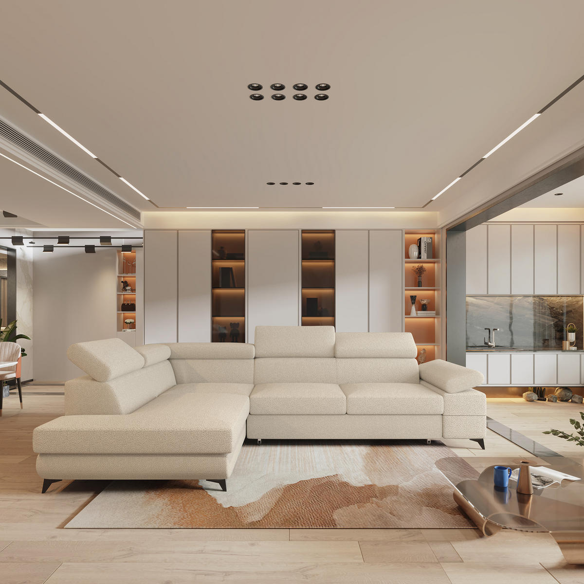 ECKSOFA FAVIEN L-S Creme Boucle-Stoff mit Schlaffunktion - Creme, Holz (257/190cm) - MASSENO