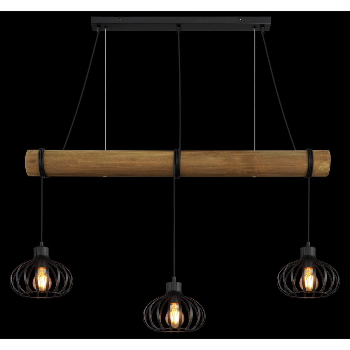HÄNGELEUCHTE CALDWELL Schwarz, Metall, 3-flammig, E27 - Schwarz, Holz (100/20/150cm) - Globo Lighting