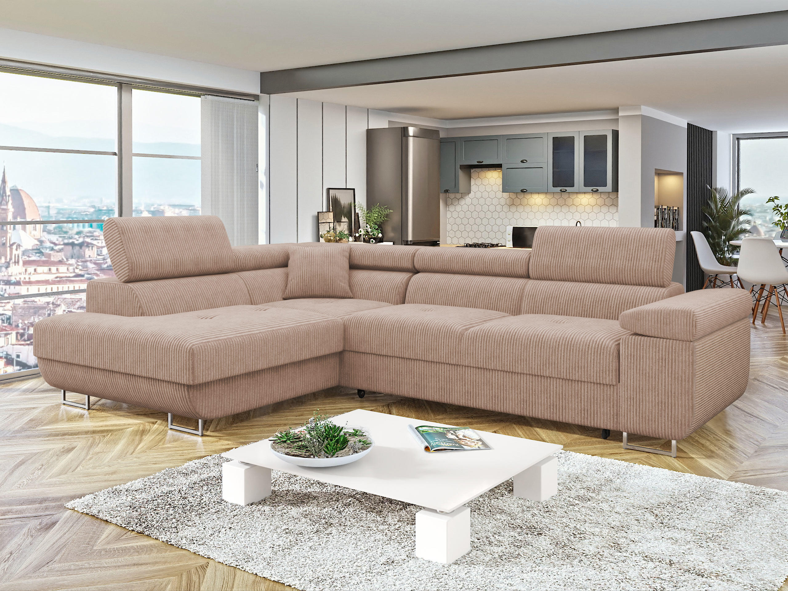 ECKSOFA Torezio Cord, Seite: Links - Rosa, Holz/Textil (274/203cm) - MIRJAN24