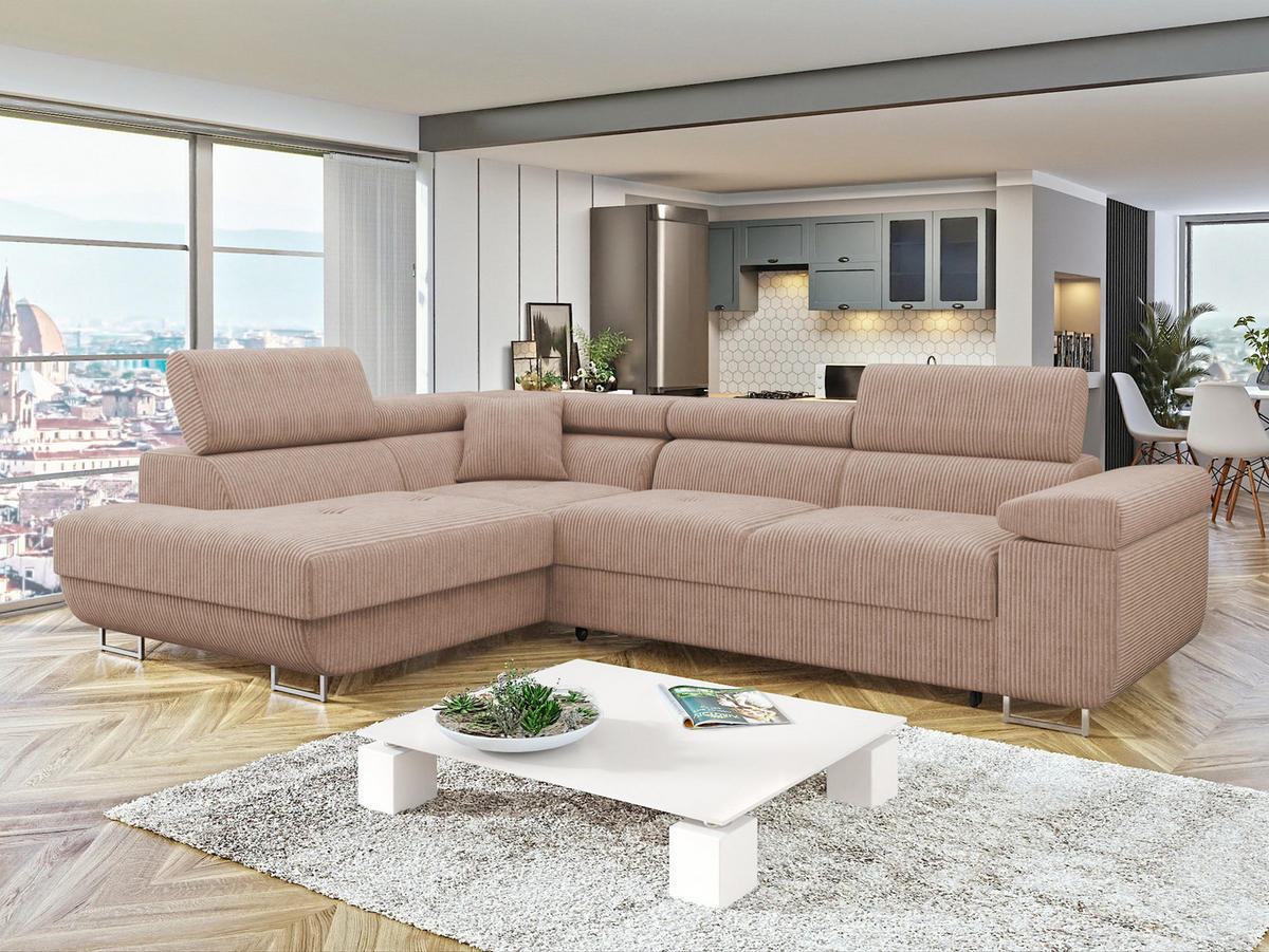 ECKSOFA Torezio Cord, Seite: Links - Rosa, Holz/Textil (274/203cm) - MIRJAN24