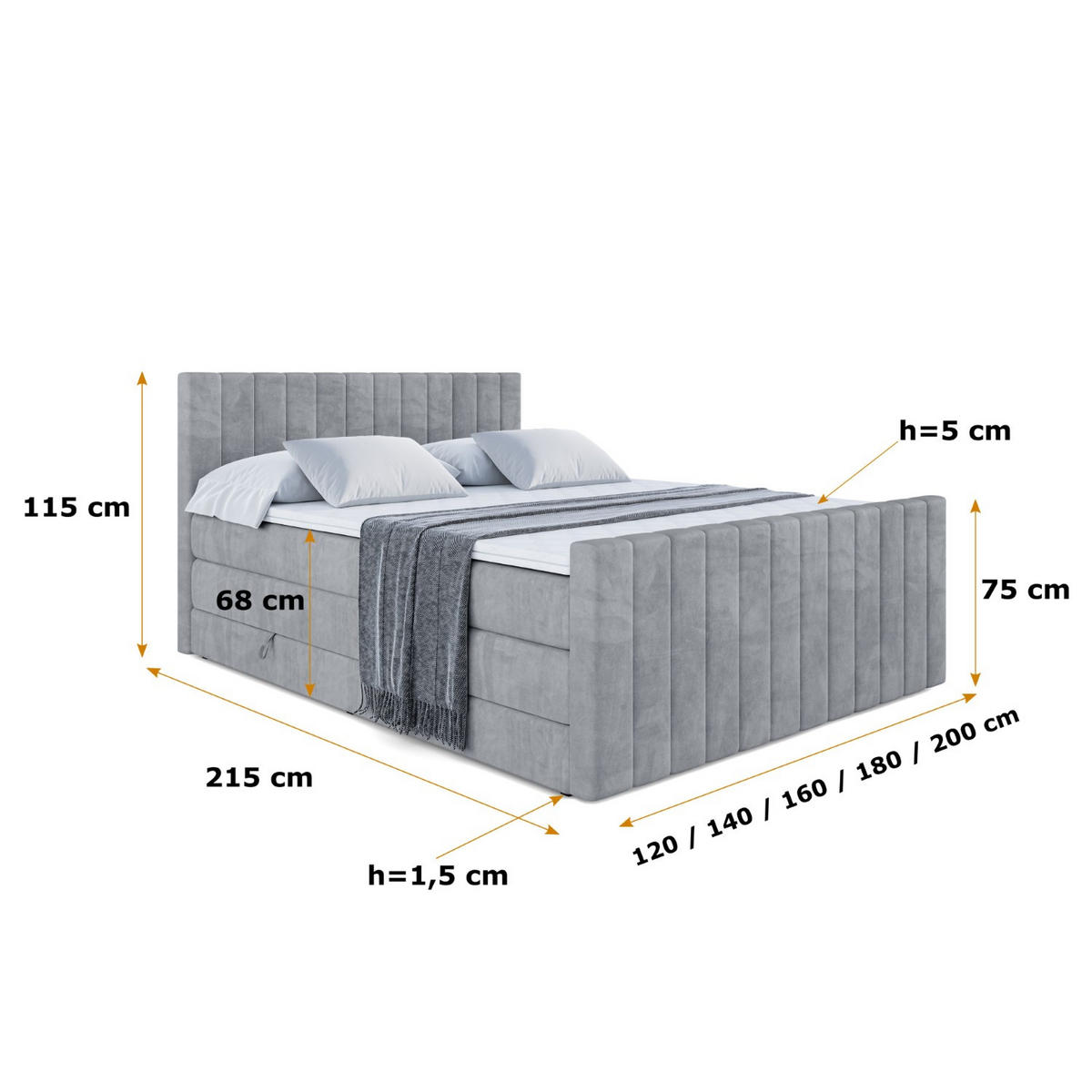 BOXSPRINGBETT EDITA-Z KING - 140x200 - H3/H4 - Grau - Grau, Holzwerkstoff (140/200cm) - ALTDECOR