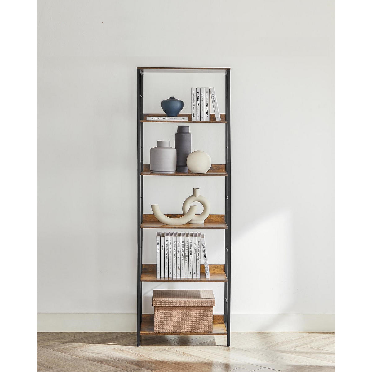 STANDREGAL Holzoptik Metall Dunkelbraun Schwarz 6 Ebenen 178×60×30 cm - Dunkelbraun/Schwarz, Holzwerkstoff/Metall (60/178/30cm) - Begryf